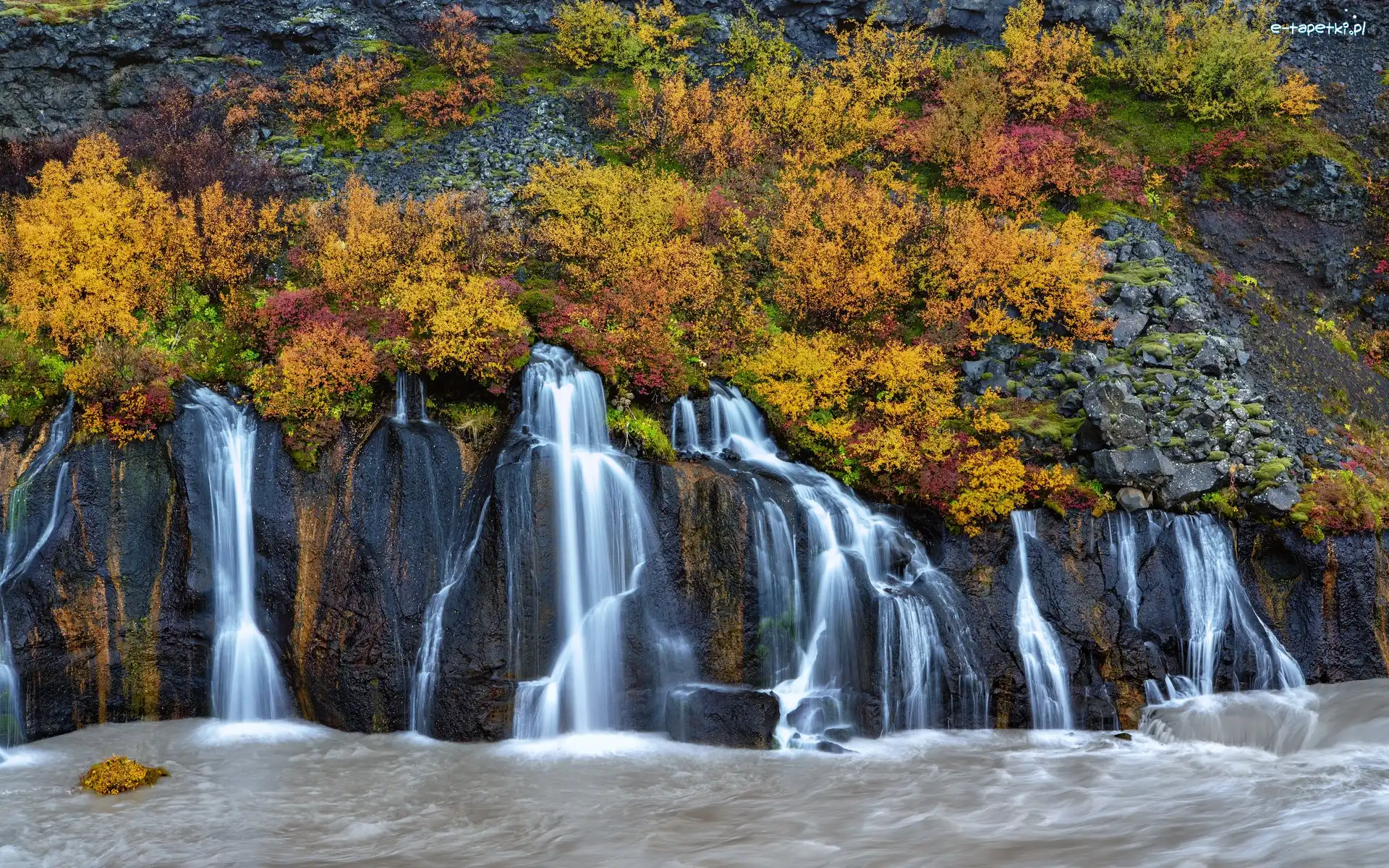 Roślinność, Wodospad Hraunfossar, Pożółkła, Islandia, Skały, Jesień