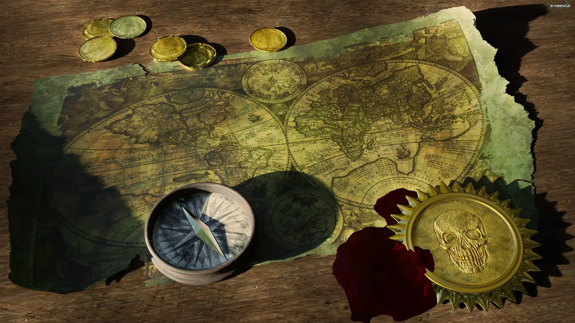 Kompas, Kompozycja, Monety, Mapa