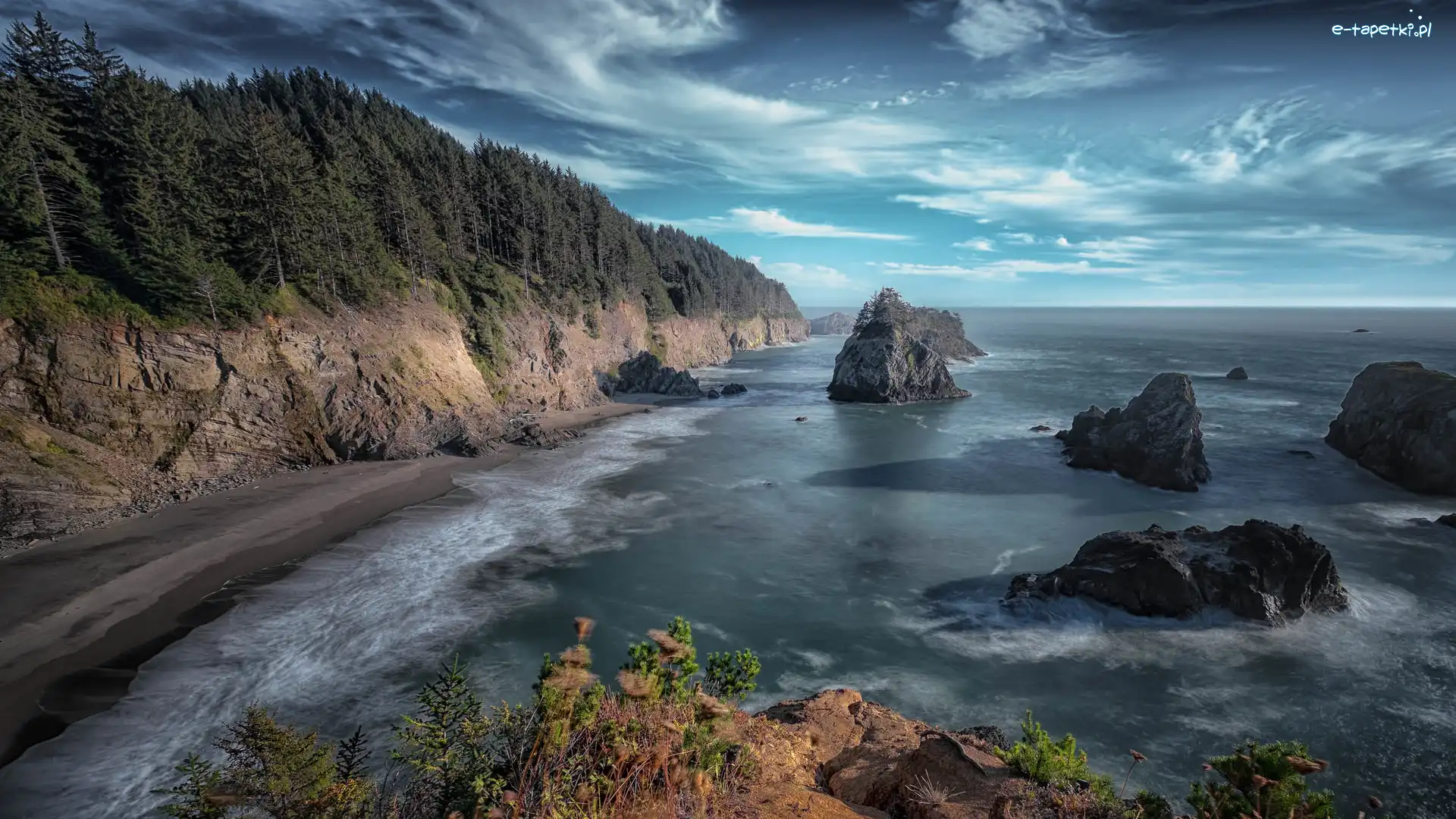 Drzewa, Klif, Stany Zjednoczone, Oregon, Morze, Park stanowy, Samuel H Boardman State Scenic Corridor, Skały