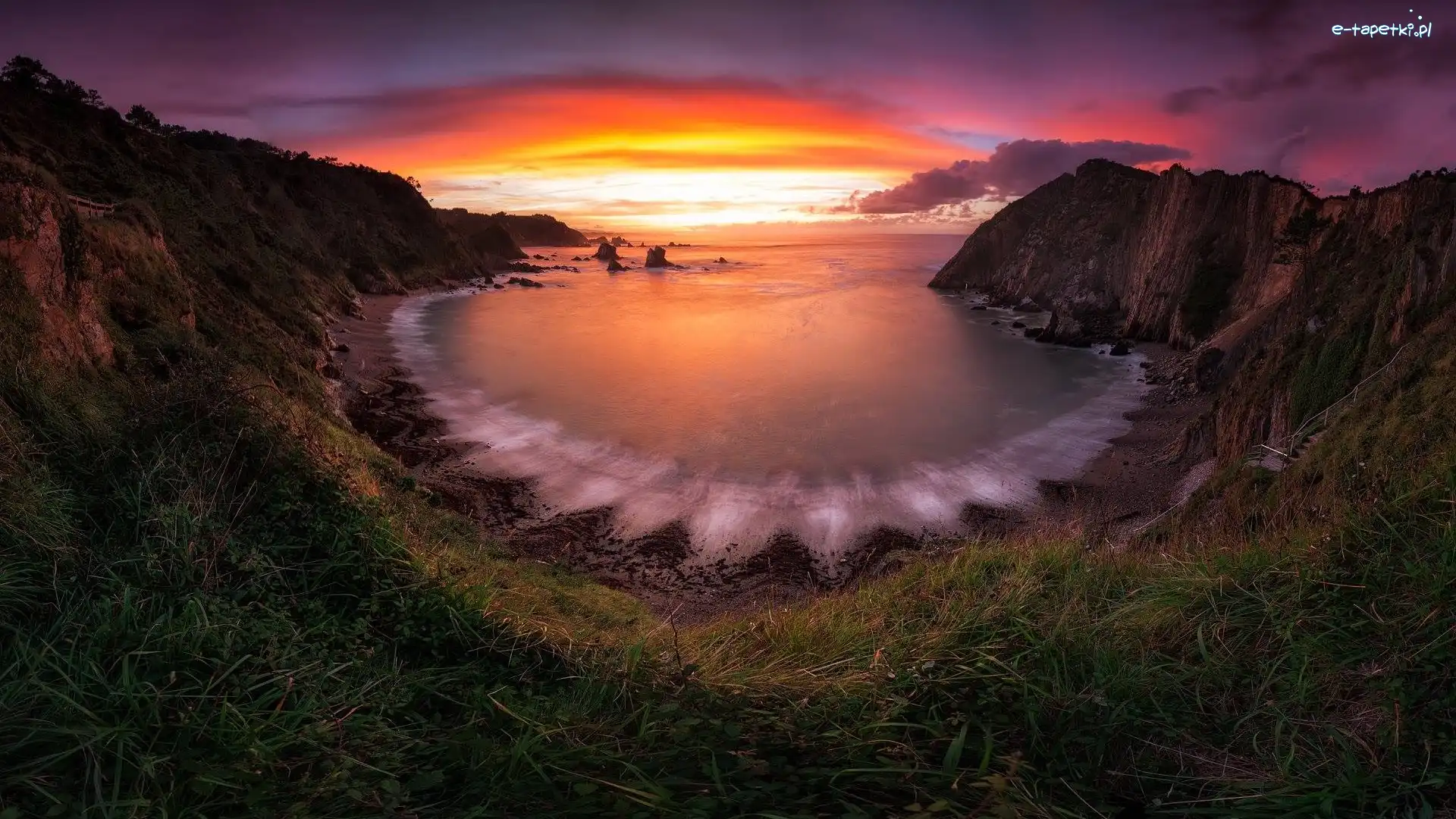 Plaża, Góry, Zachód słońca, Zatoka, Morze, Hiszpania, Asturia, Skały, Playa del Silencio