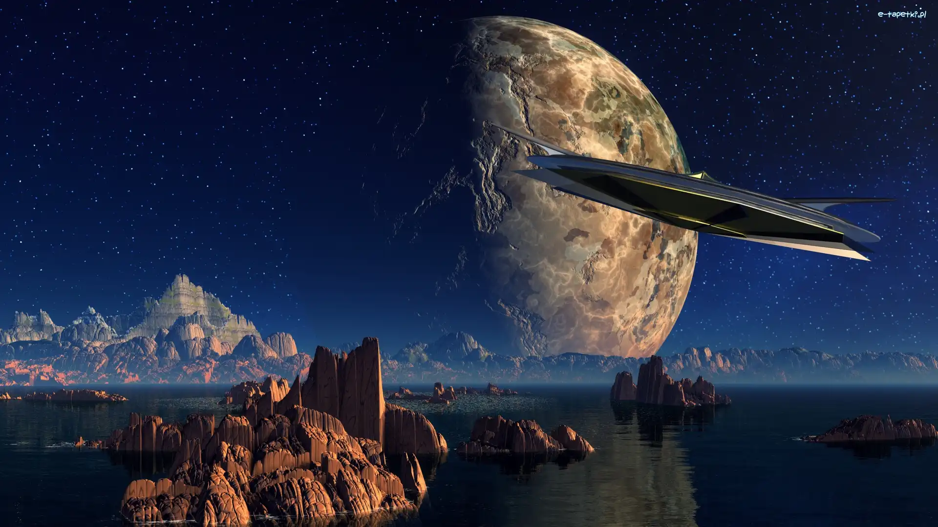 Fantasy, Kosmos, Góry, Skały, 3D, Planety, Statek kosmiczny, Grafika