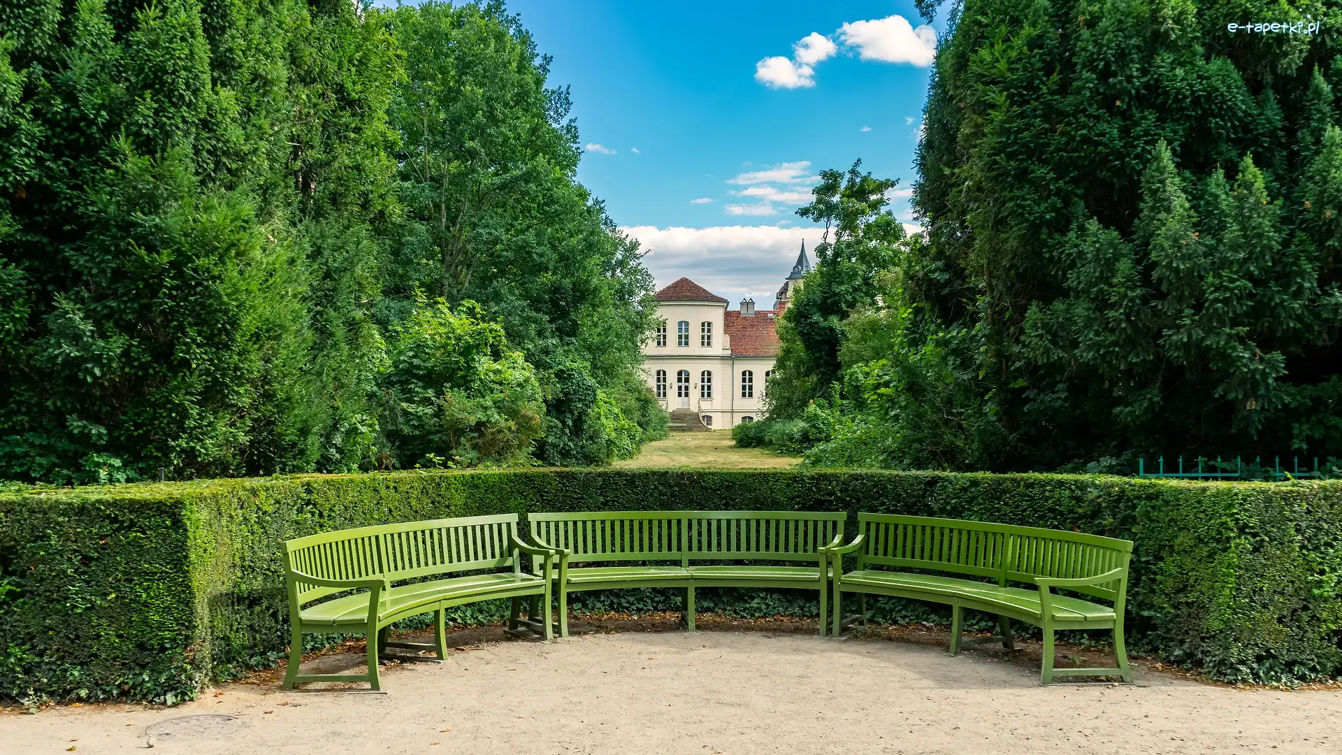 Ławka, Dom, Park, Krzewy, Drzewa
