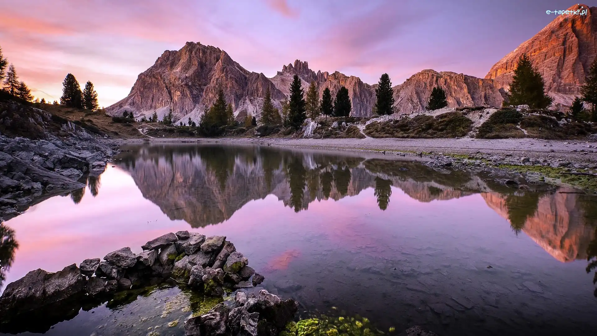 Odbicie, Dolomity, Jezioro, Góry, Włochy, Drzewa, Lago Limides