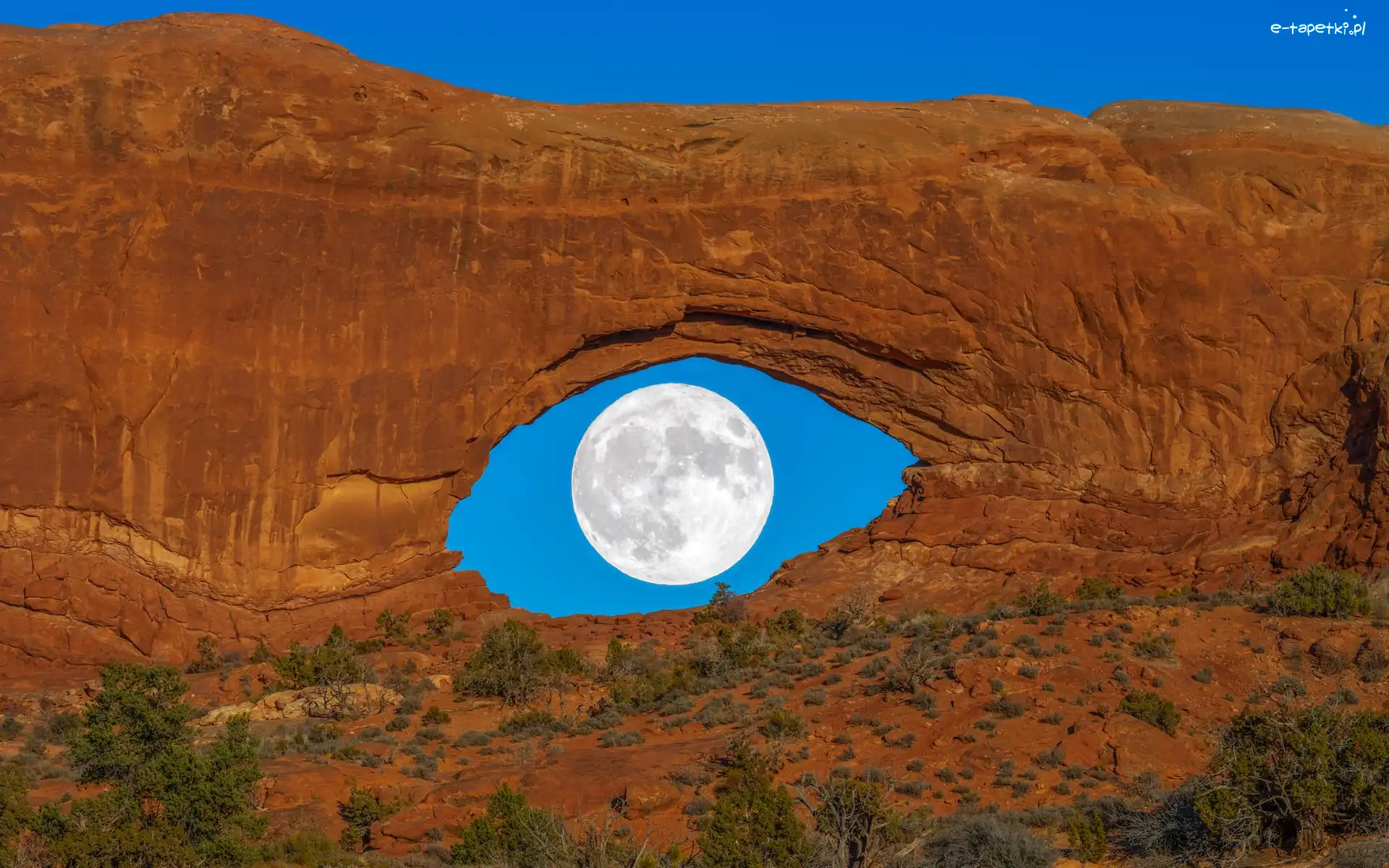 Double Arch, Księżyc, Łuk skalny, Pełnia, Park Narodowy Arches, Skały, Stany Zjednoczone, Stan Utah