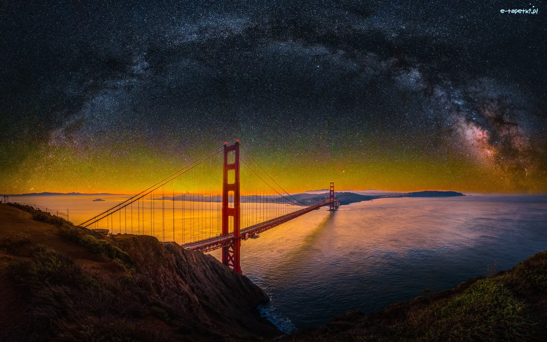 Cieśnina Golden Gate, Golden Gate Bridge, Skały, Stan Kalifornia, Stany Zjednoczone, Droga Mleczna, Gwiazdy, Most, Noc