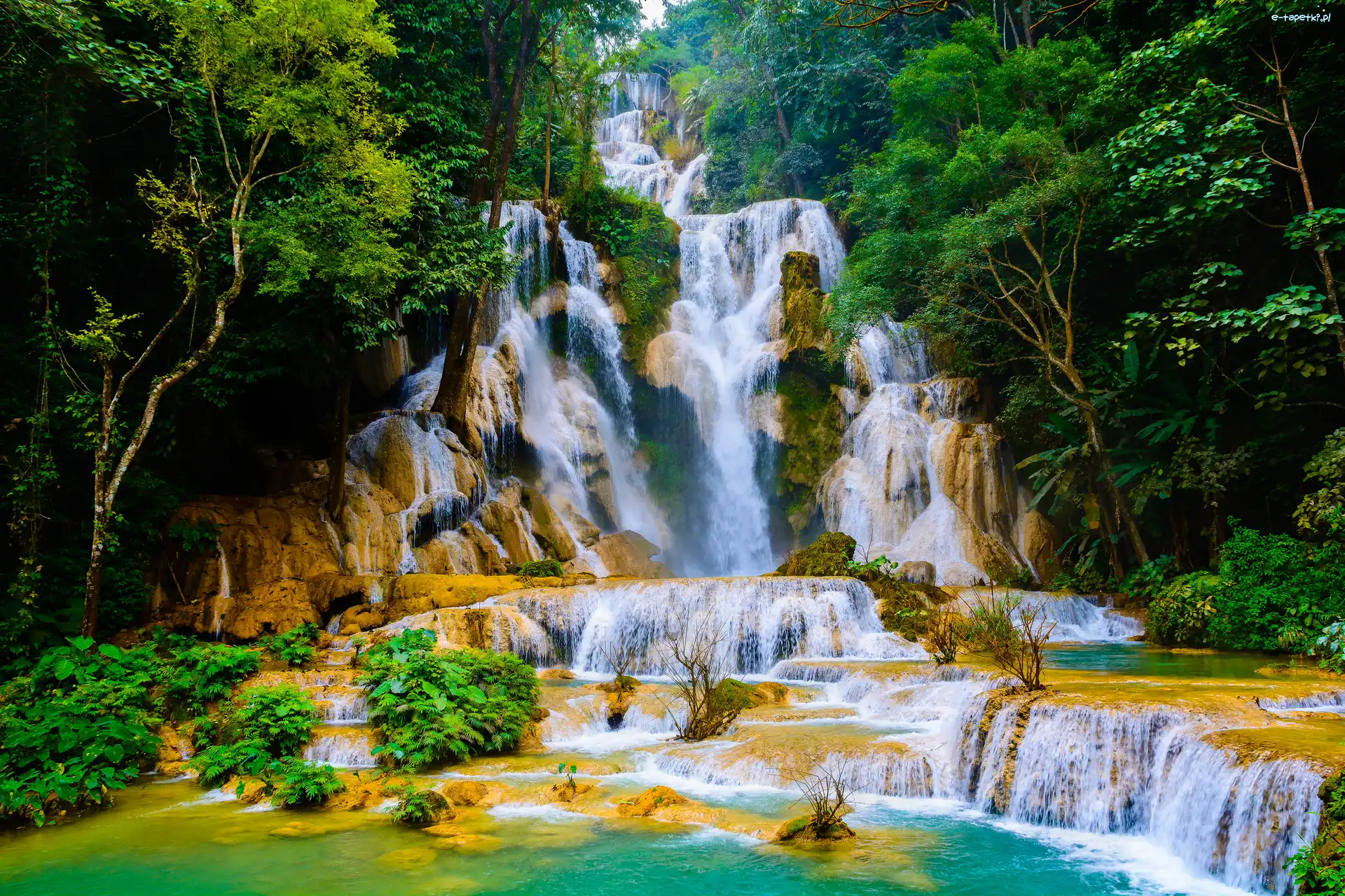 Skały, Kuang Si Falls, Laos, Prowincja Louangphrabang, Drzewa, Kaskady, Drzewa, Wodospad