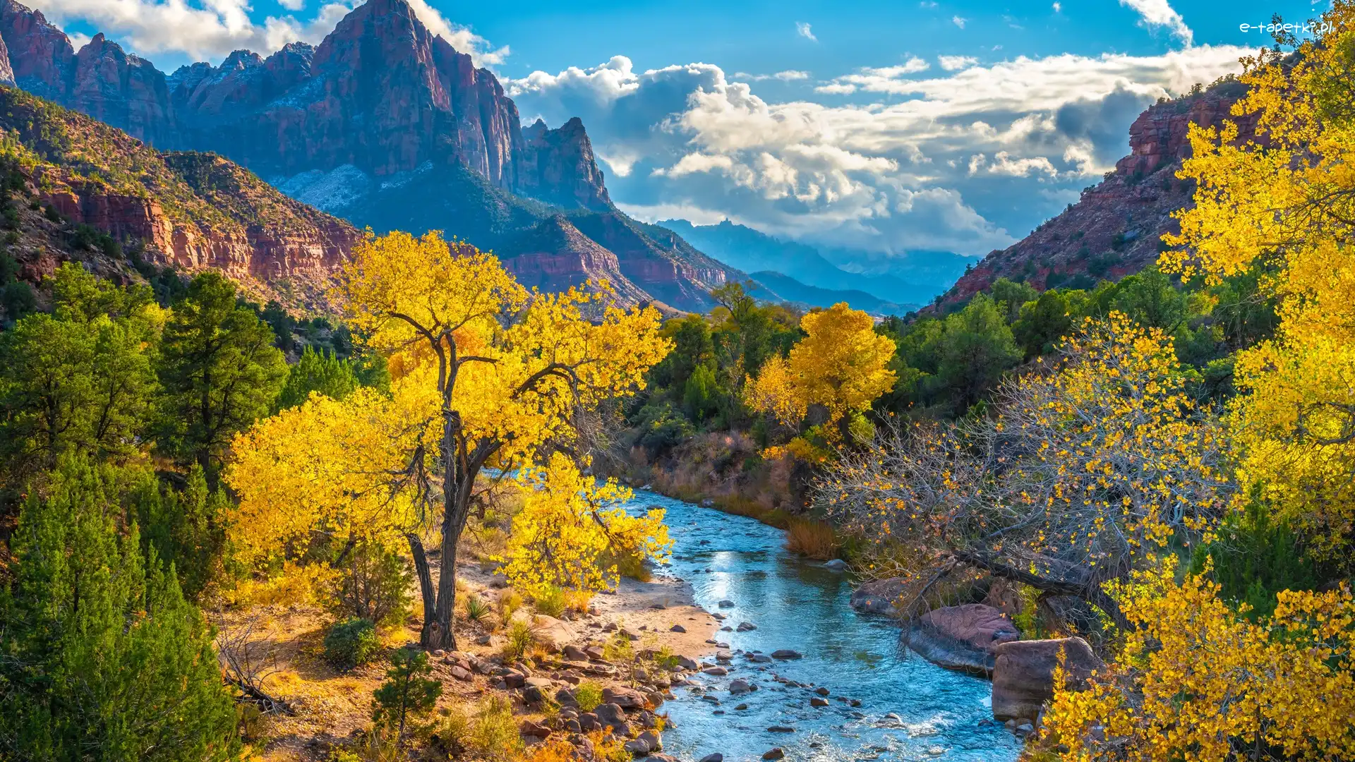 Park Narodowy Zion, Góry, Stany Zjednoczone, Chmury, Rzeka, Virgin River, Drzewa, Jesień, Góra Watchman, Utah