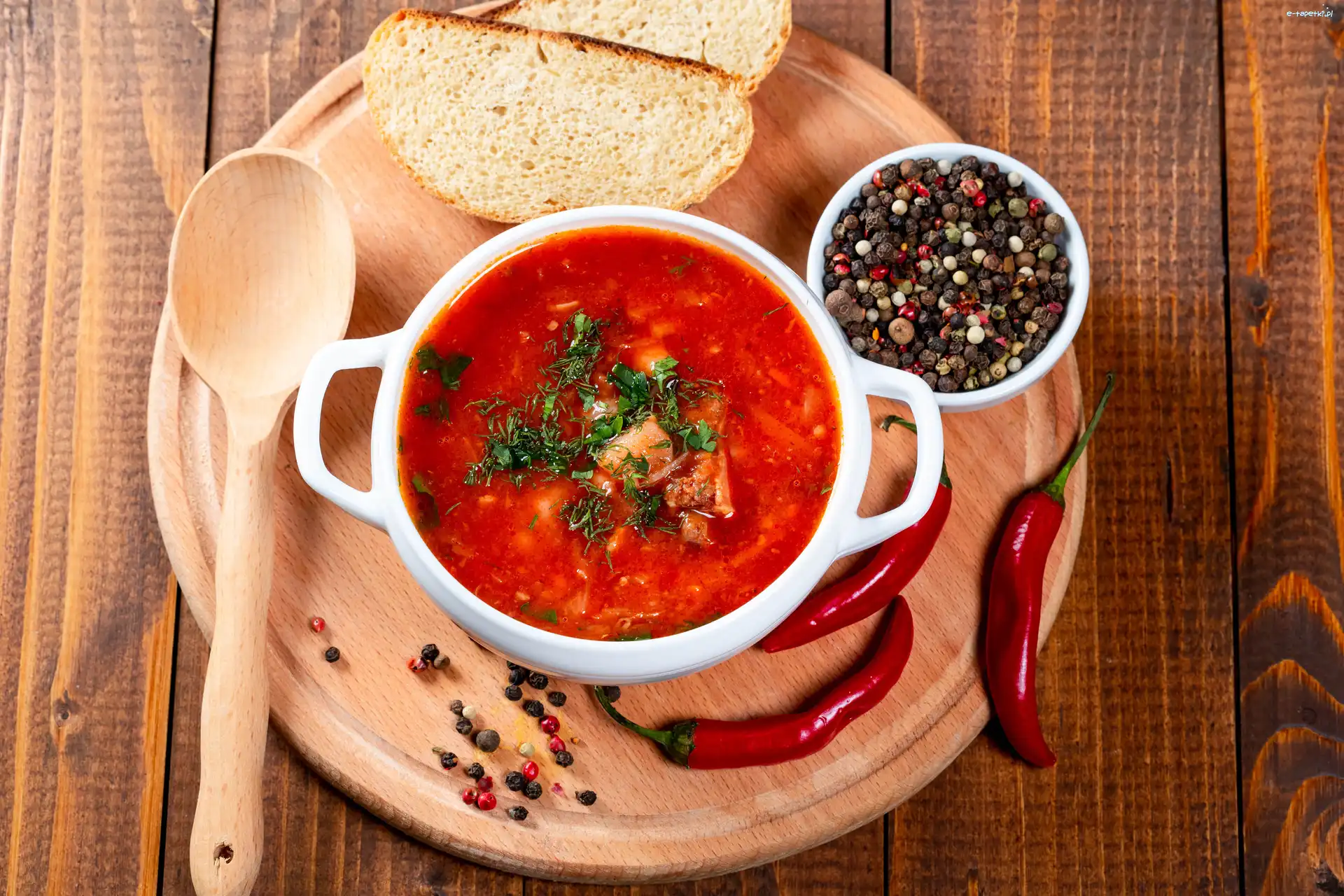Chleb, Zupa, Kromki, Papryczki, Drewniana, Chili, Kolorowy, Łyżka, Pieprz, Miseczka, Deska