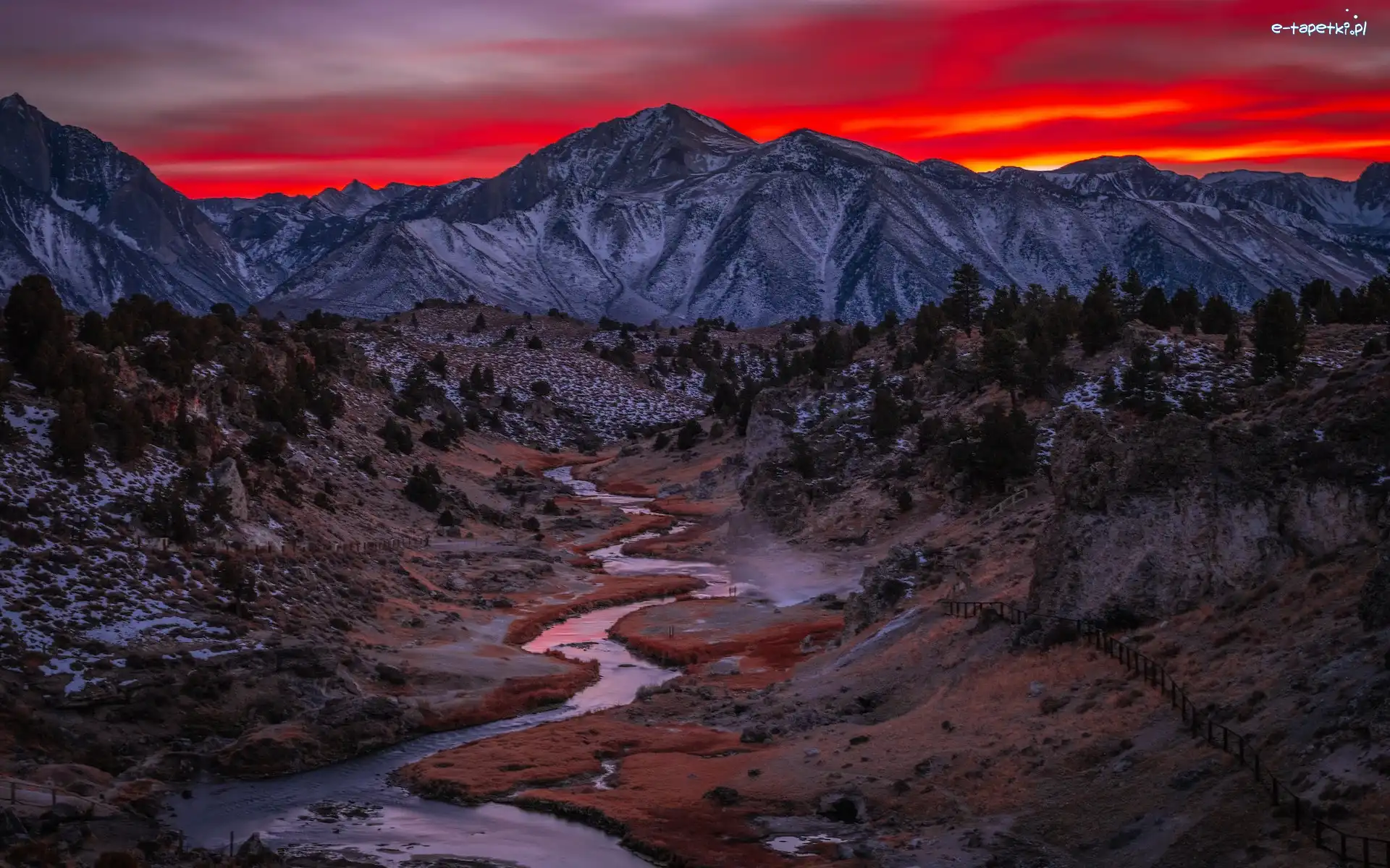 Lasy państwowe, Kalifornia, Zachód słońca, Hot Creek, Góry, Dolina, Rzeka, Stany Zjednoczone, Miejscowość Mammoth Lakes, Inyo National Forest