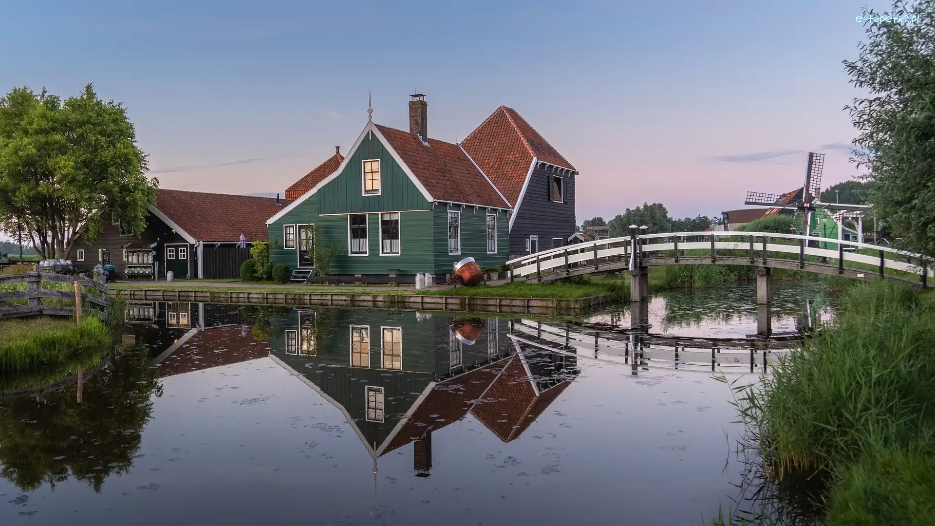 Holandia, Most, Kanał, Wiatrak, Domy, Zaandam, Skansen Zaanse Schans
