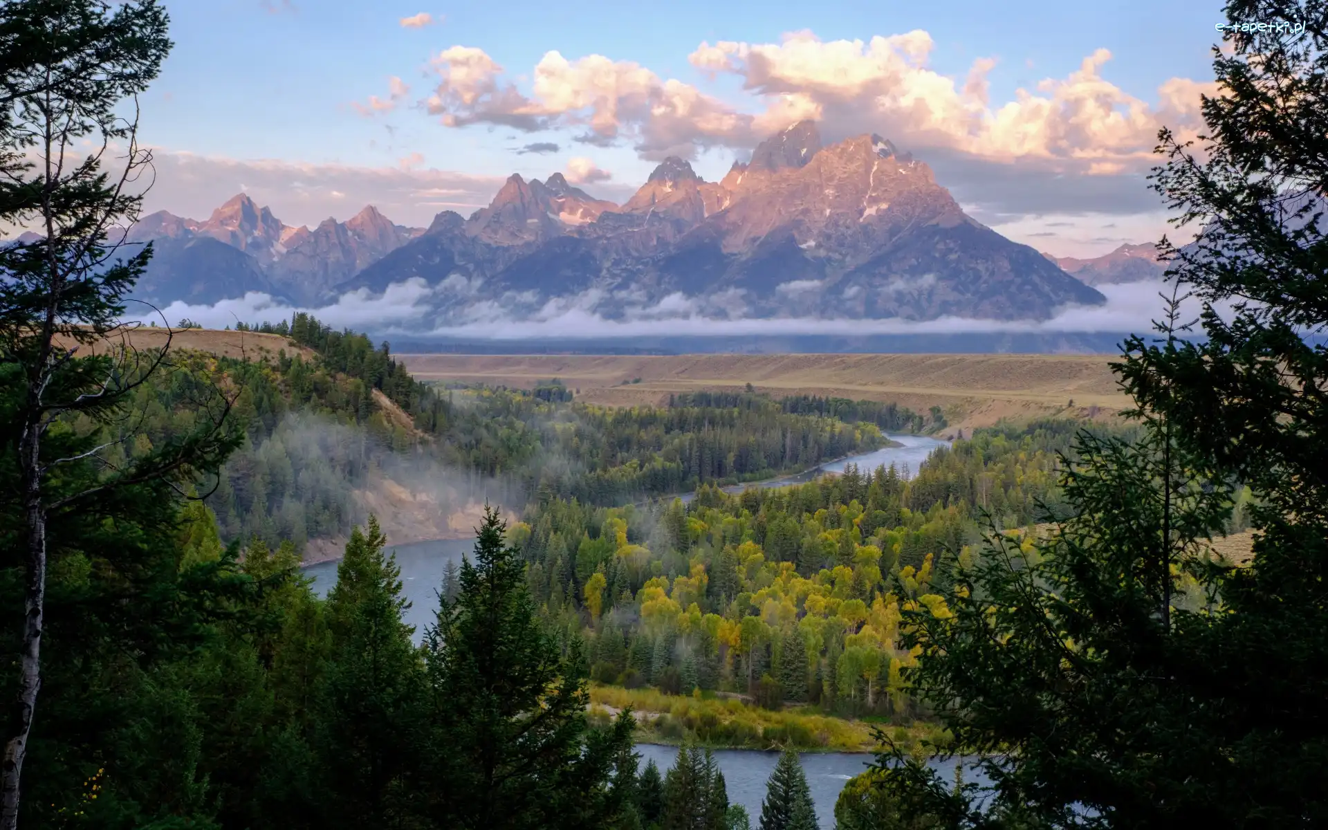Snake River, Góry, Stany Zjednoczone, Rzeka, Las, Drzewa, Chmury, Park Narodowy Grand Teton, Teton Range, Stan Wyoming