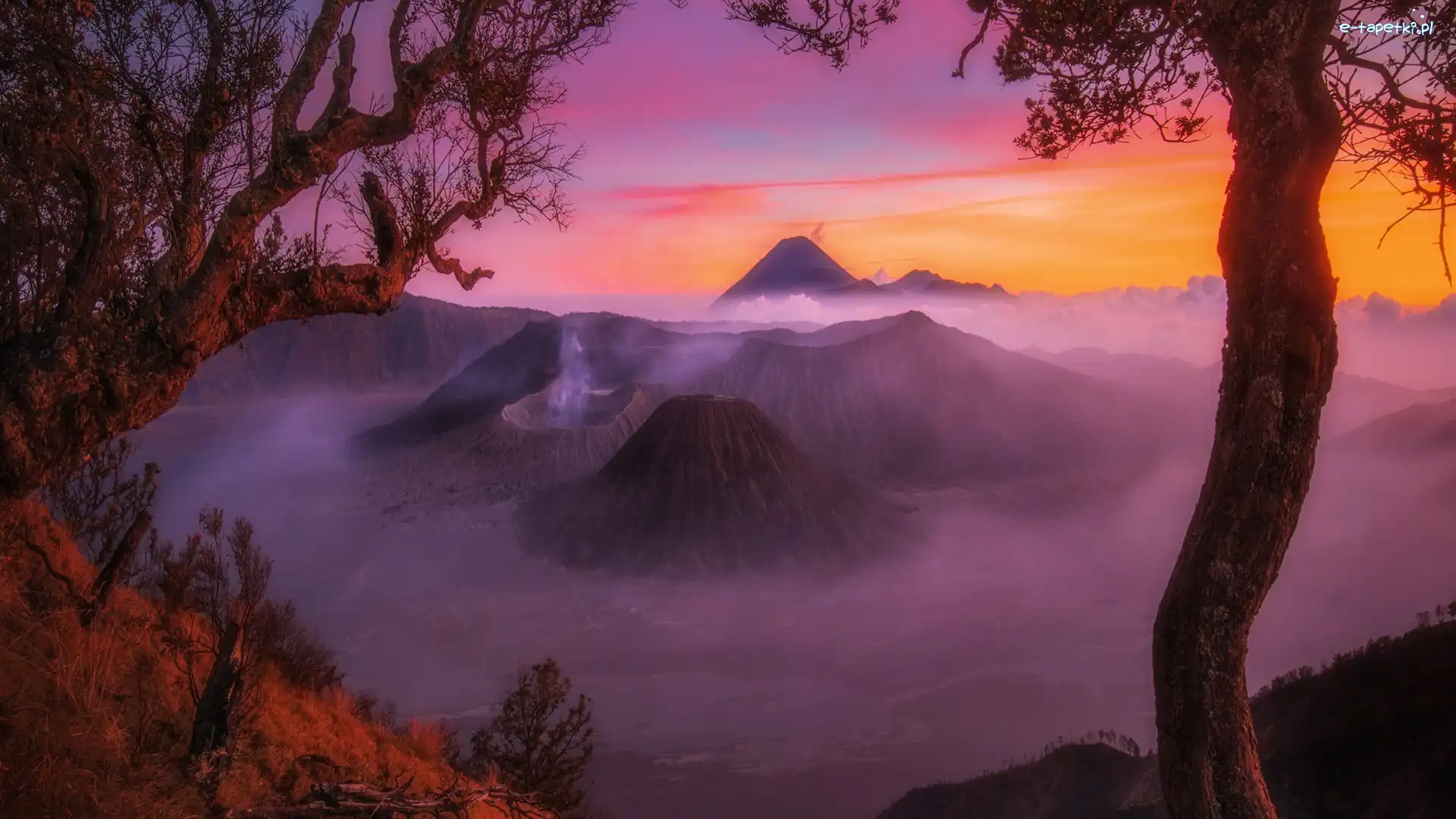 Indonezja, Mount Bromo, Wyspa Jawa, Zachód słońca, Wulkany, Góry