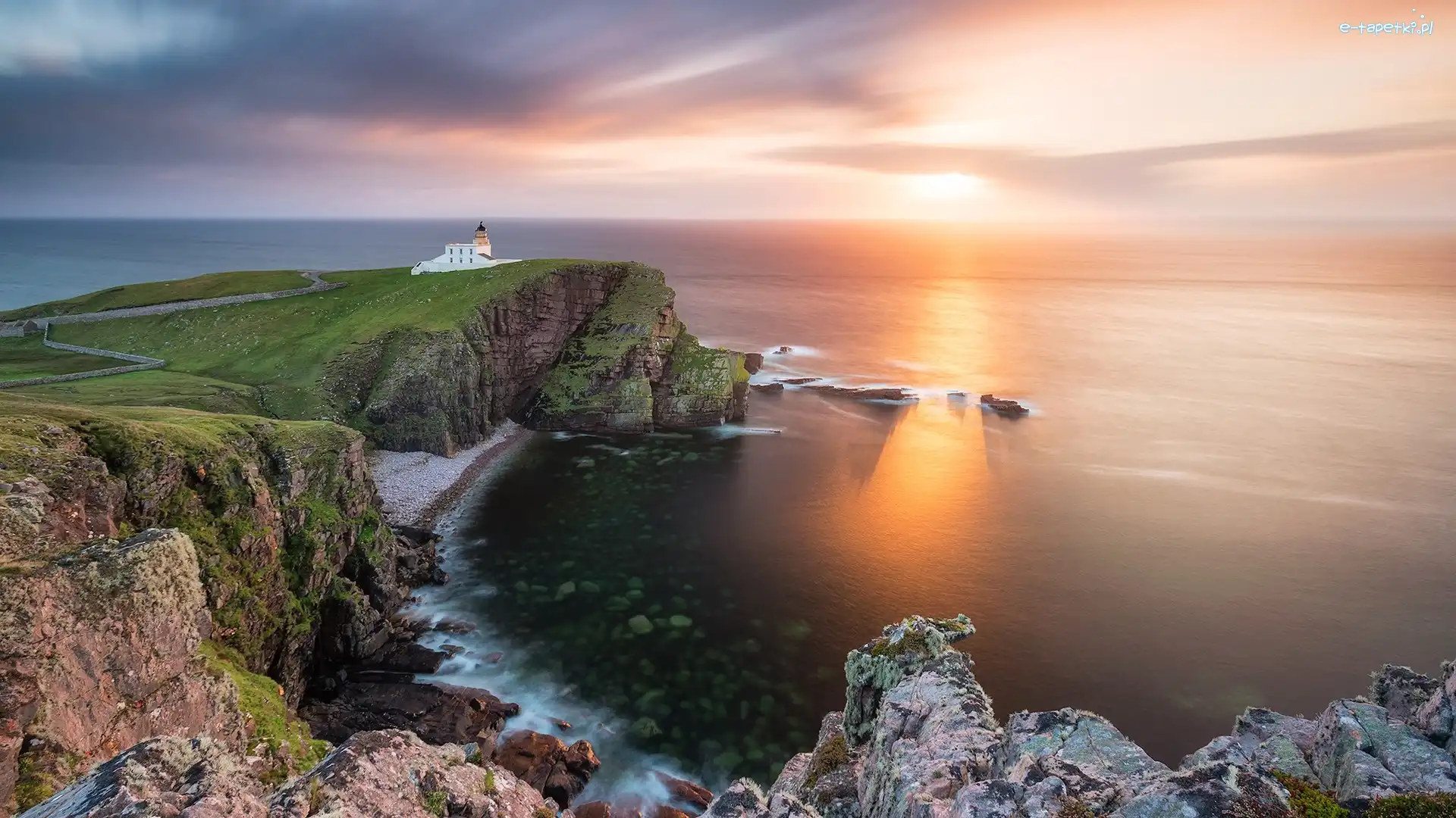 Szkocja, Latarnia morska, Stoer Lighthouse, Wybrzeże, Morze, Wschód słońca, Skały