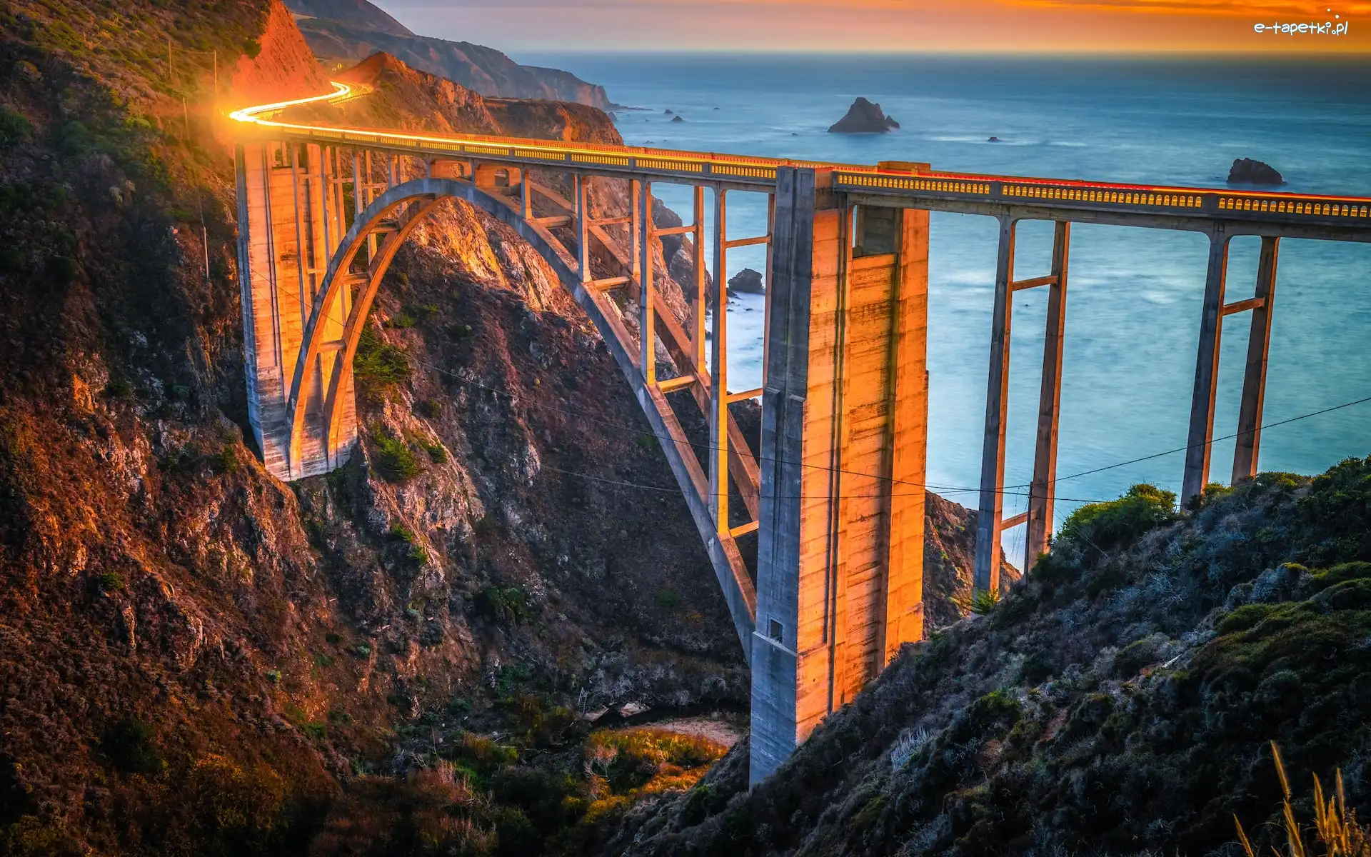 Skały, Region Big Sur, Bixby Creek Bridge, Most, Morze, Stany Zjednoczone, Kalifornia, Wybrzeże, Światła