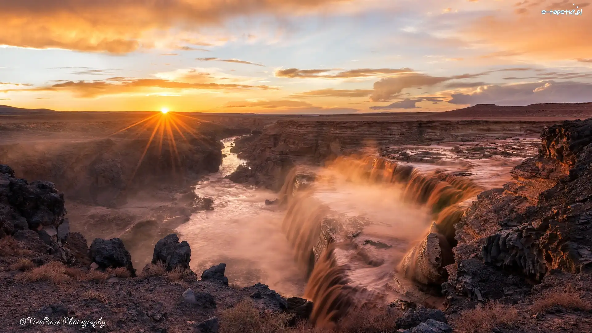Skały, Grand Falls, Stany Zjednoczone, Arizona, Zachód słońca, Rzeka, Little Colorado River, Wodospad