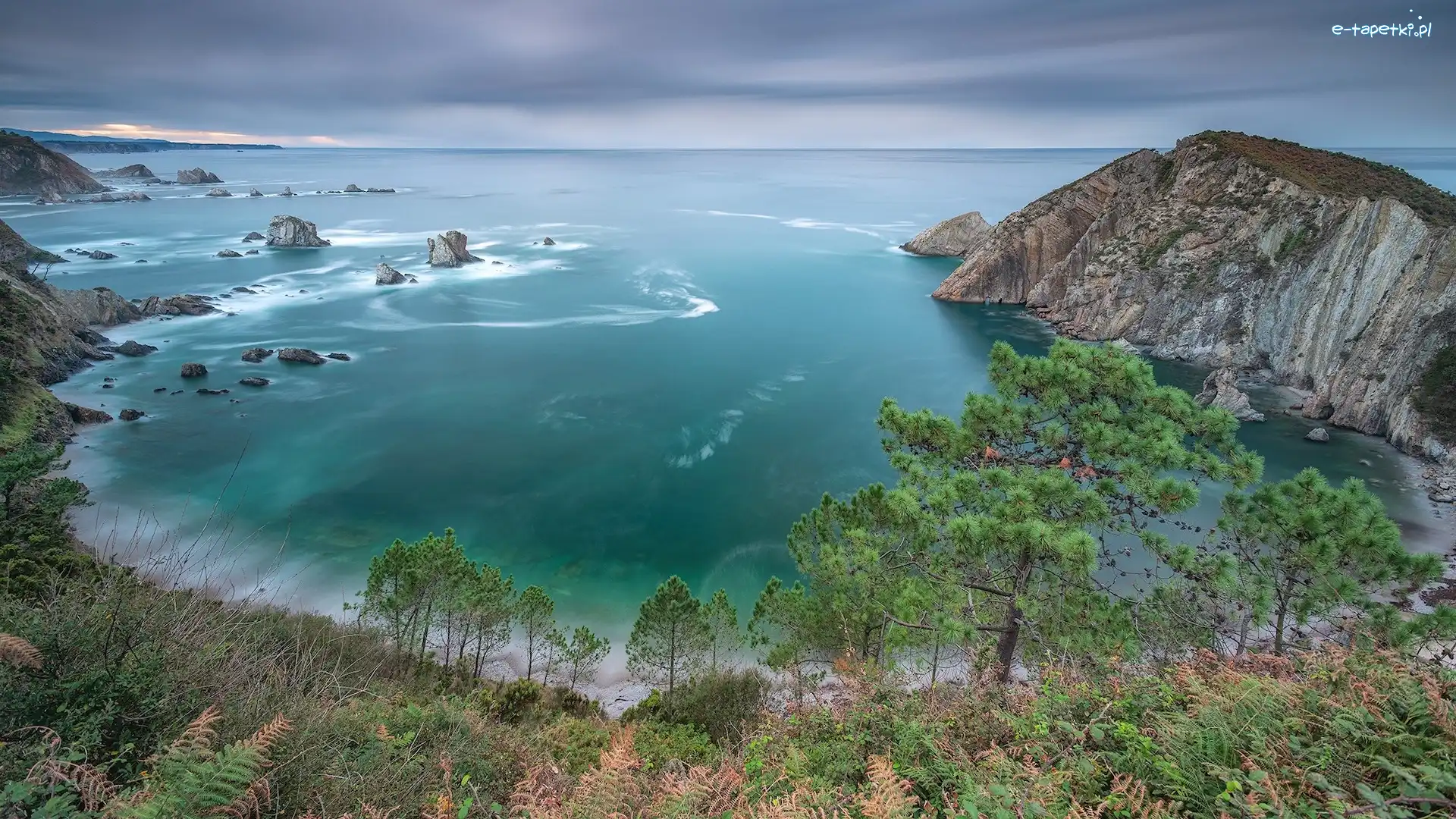 Silence Beach, Zatoka, Hiszpania, Asturia, Plaża, Skały, Drzewa, Morze