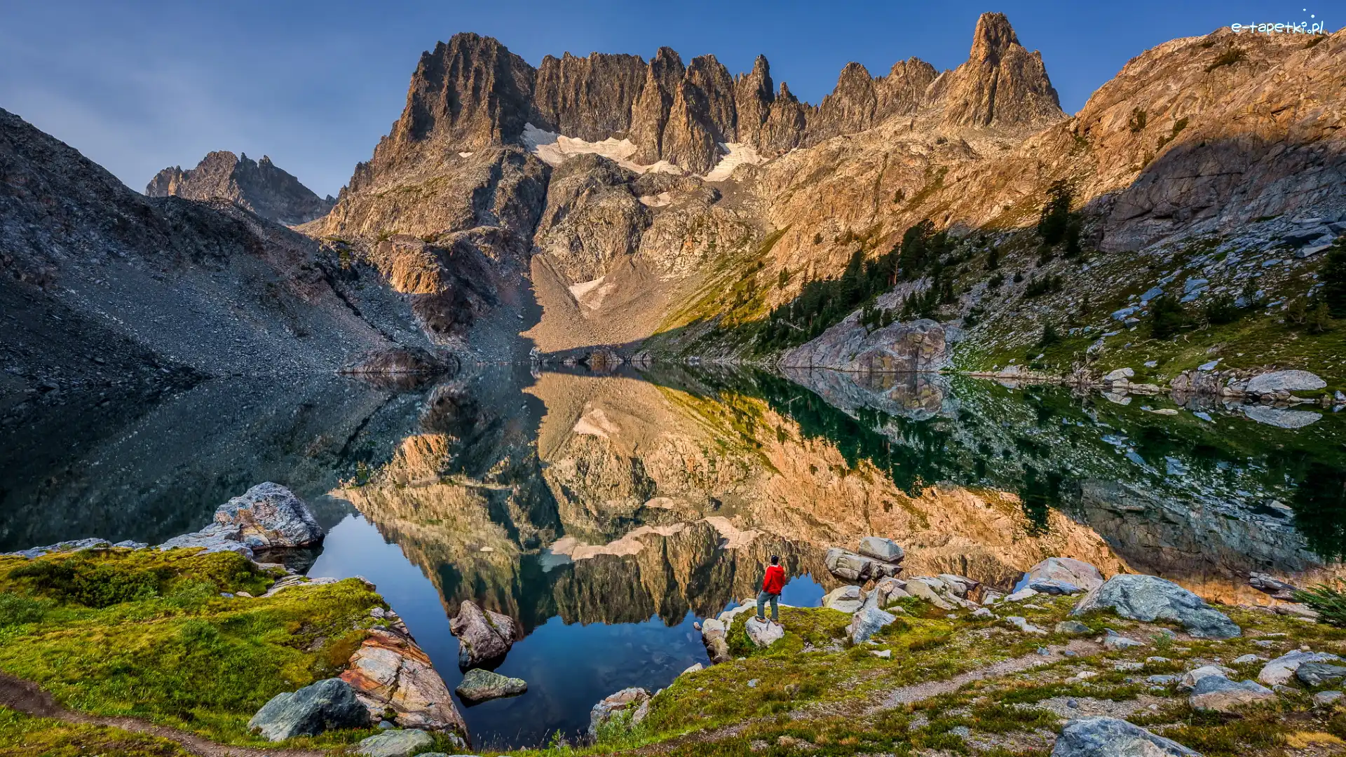 Jezioro, Człowiek, Odbicie, Sierra Nevada, Góry, Stany Zjednoczone, Kalifornia, Skały, Lake Iceberg