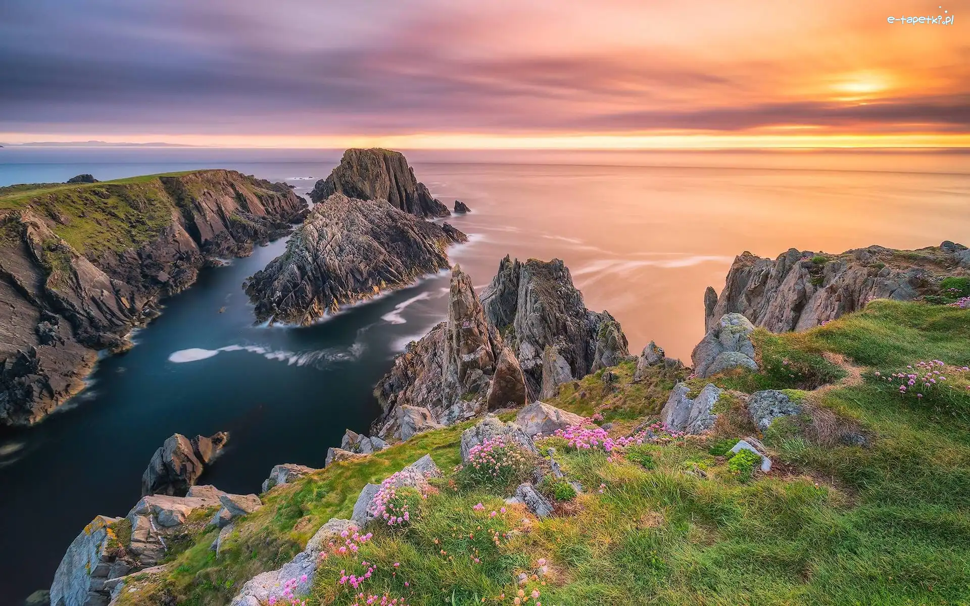 Roślinność, Zachód słońca, Skały, Hrabstwo Donegal Irlandia, Wybrzeże, Morze