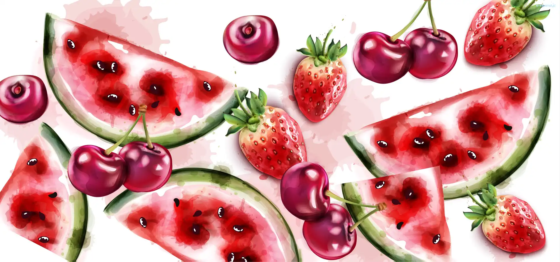 Grafika, Kawałki, Truskawki, Arbuz, Owoce, Wiśnie, Czereśnie