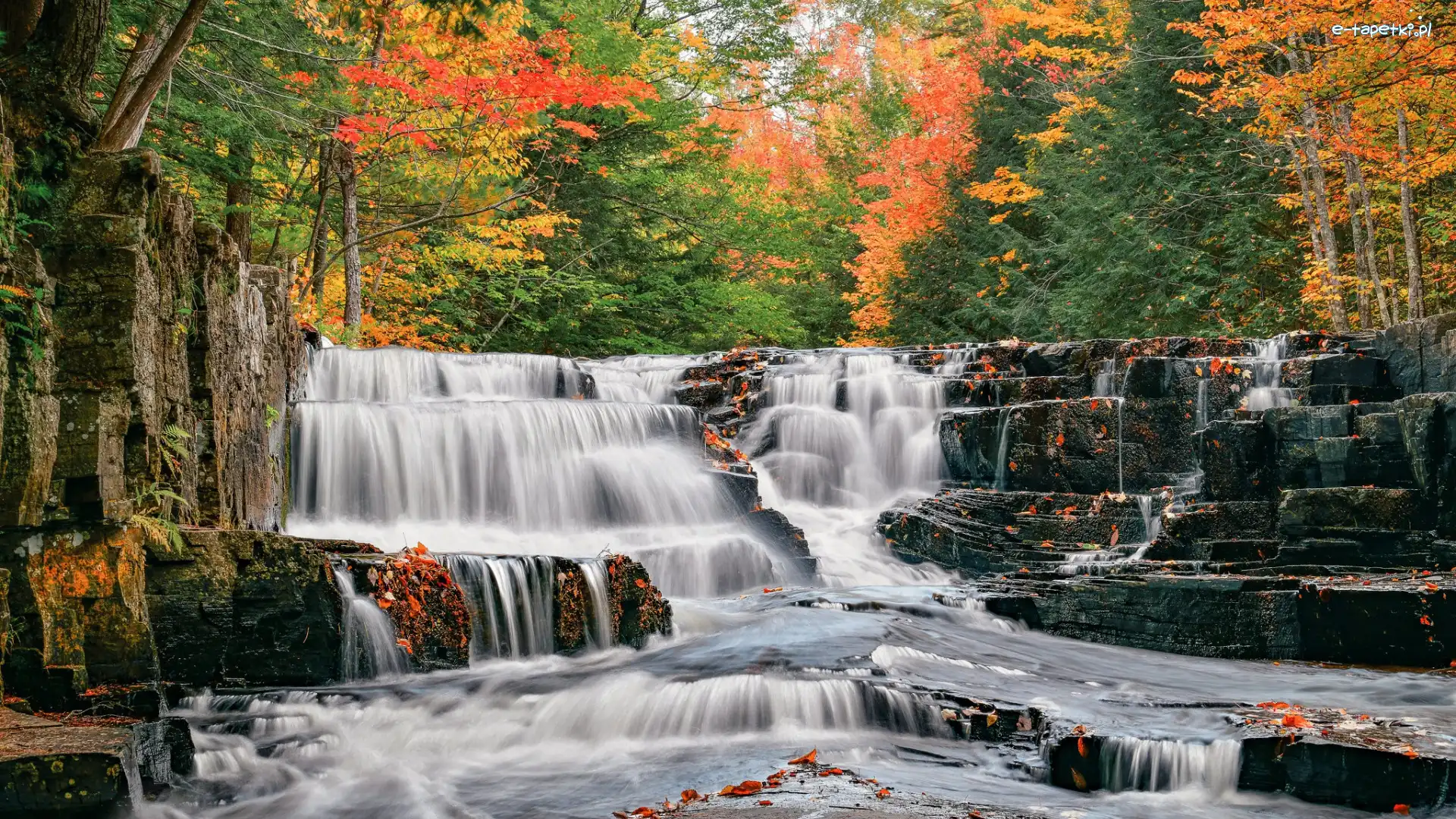 Kamienie, Wodospad, Liście, Jesień, Stany Zjednoczone, Drzewa, Slate River, Michigan, Rzeka, Quartzite Falls, Hrabstwo Baraga