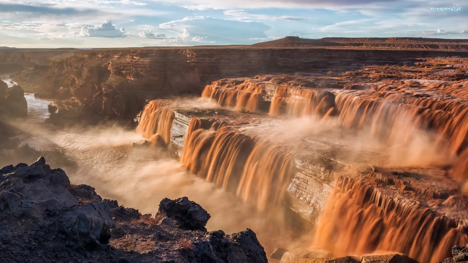 Rzeka, Grand Falls, Stany Zjednoczone, Arizona, Skały, Little Colorado River, Zachód słońca, Wodospad