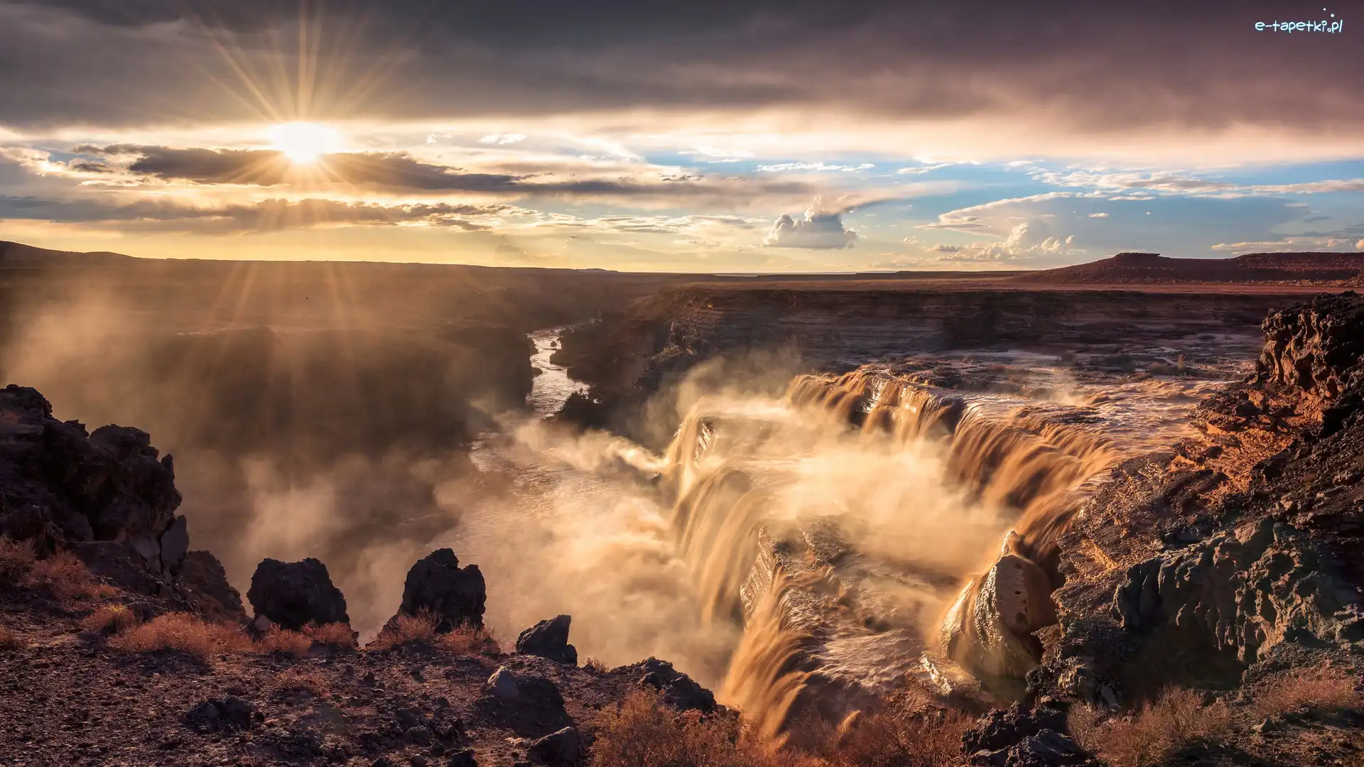 Skały, Grand Falls, Stany Zjednoczone, Arizona, Słońce, Rzeka, Little Colorado River, Wodospad