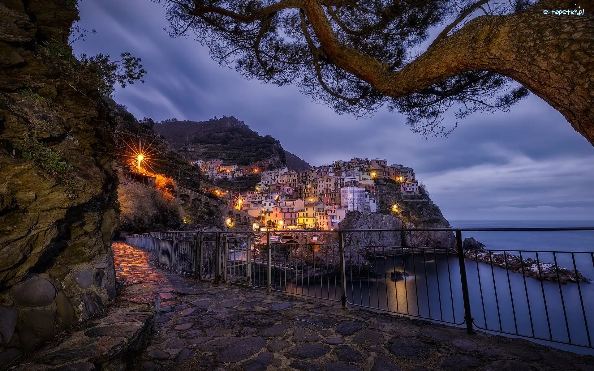 Światła, Gmina Riomaggiore, Zatoka, Domy, Cinque Terre, Morze Liguryjskie, Kolorowe, Włochy, Manarola, Noc