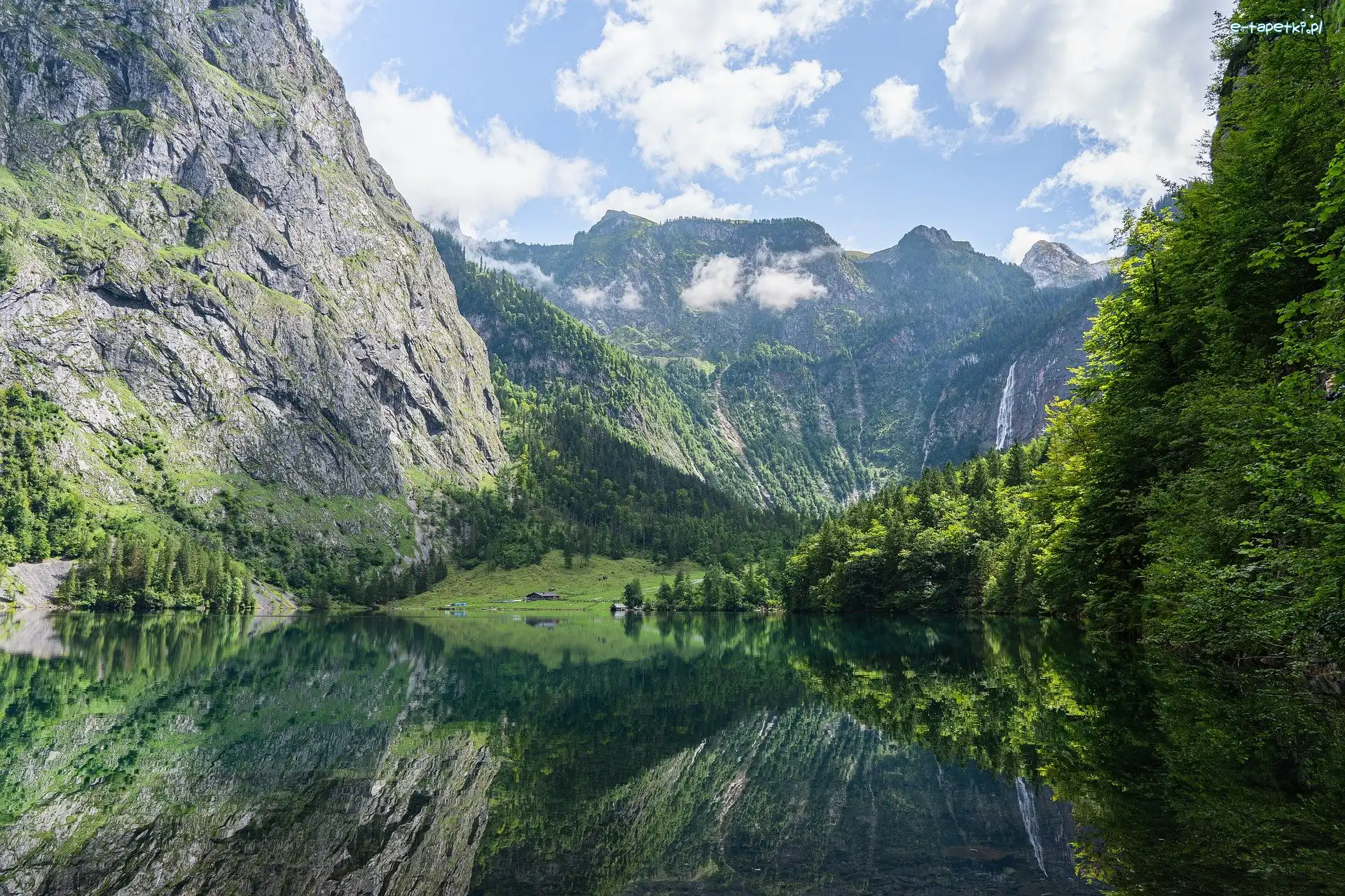 Drzewa, Skały, Alpy, Góry, Jezioro Konigssee, Niemcy, Bawaria, Park Narodowy Berchtesgaden, Odbicie
