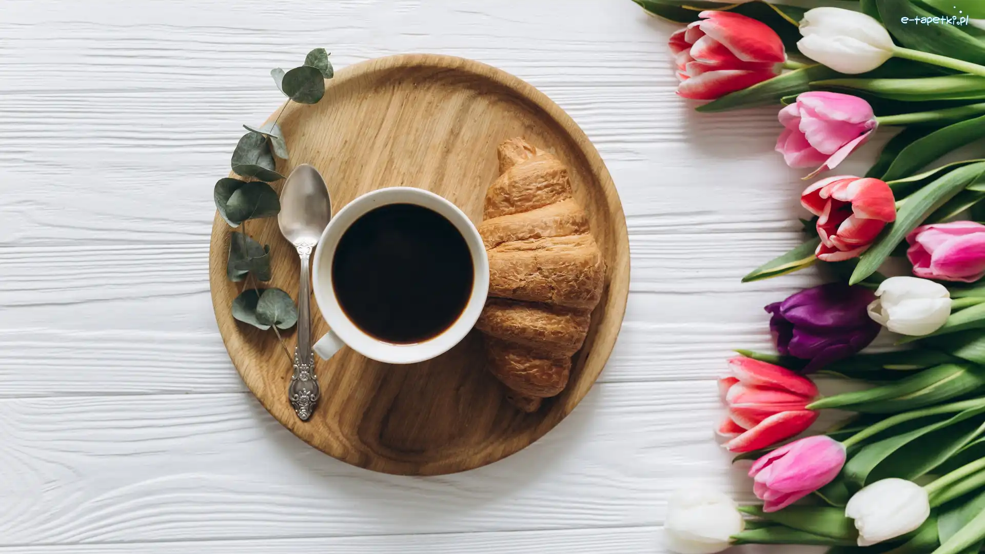 Croissant, Kawa, Rogal, Łyżeczka, Tulipany, Kwiaty