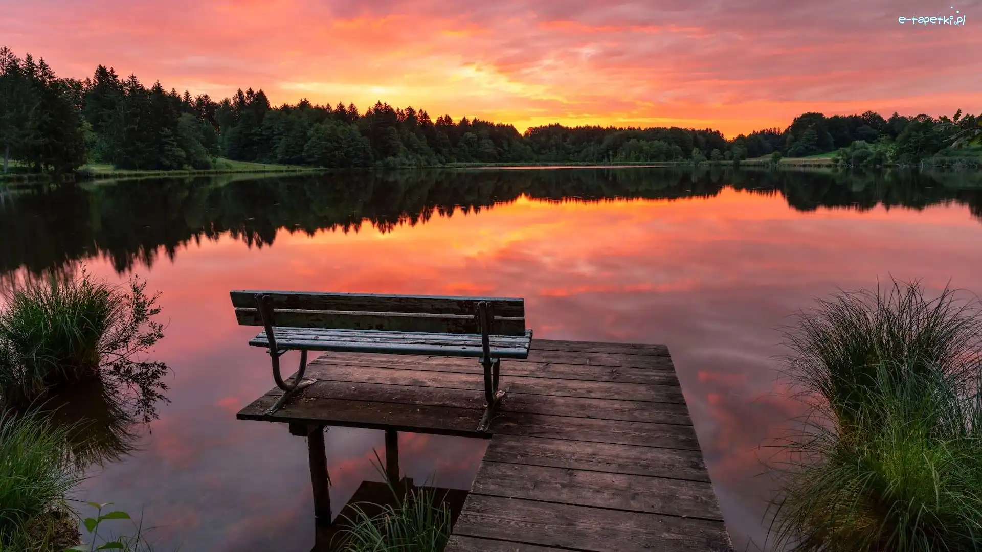 Jezioro, Ławka, Pomost, Zachód słońca