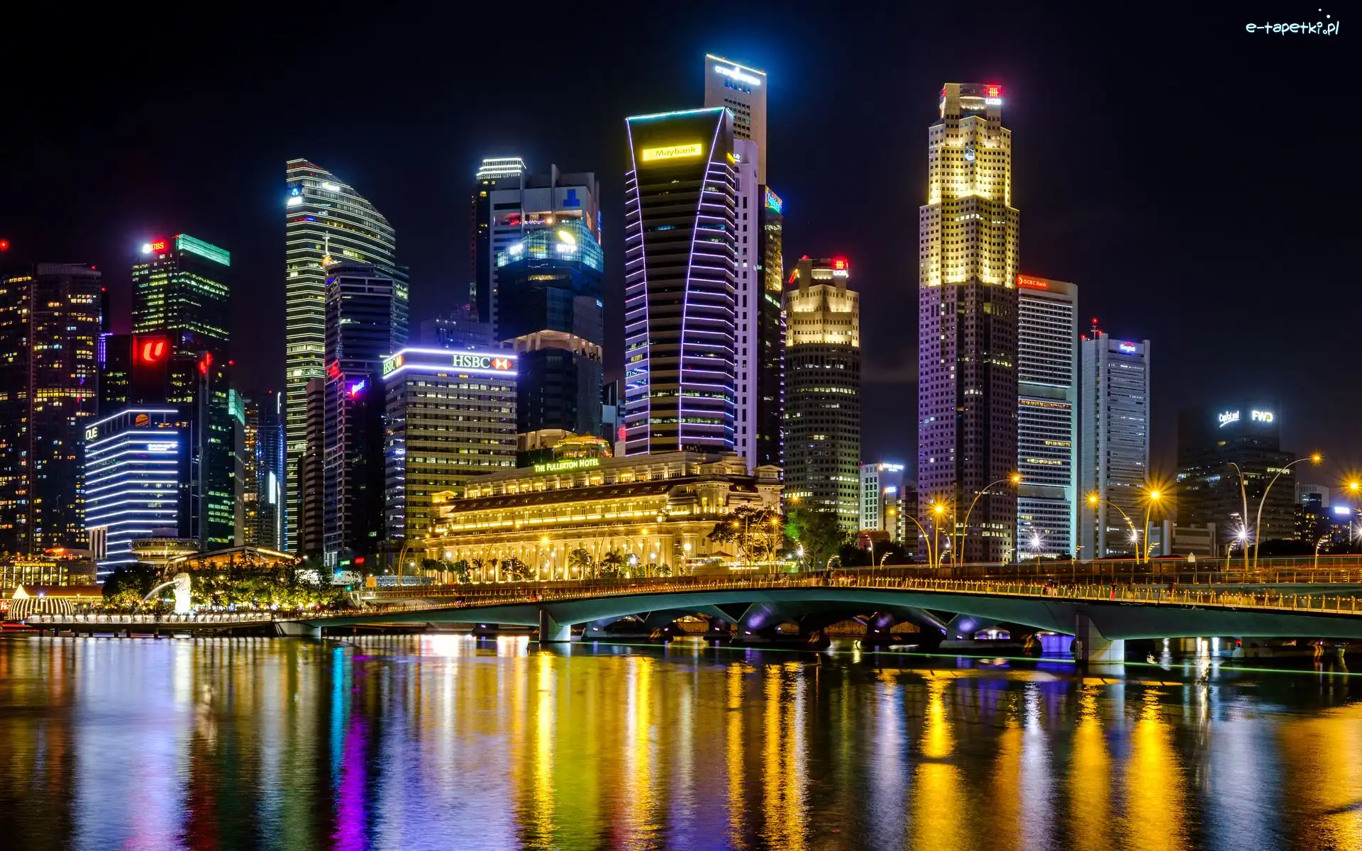 Most, Oświetlone, Singapur, Most, Central Business District, Promenada Esplanade, Noc, Wieżowce