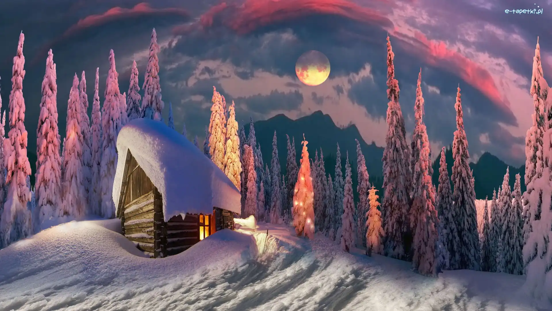 Księżyc, Digital art, Niebo, Dom, Drzewa, Las, Ośnieżony, Fotomontaż, Zima, Kolorowe