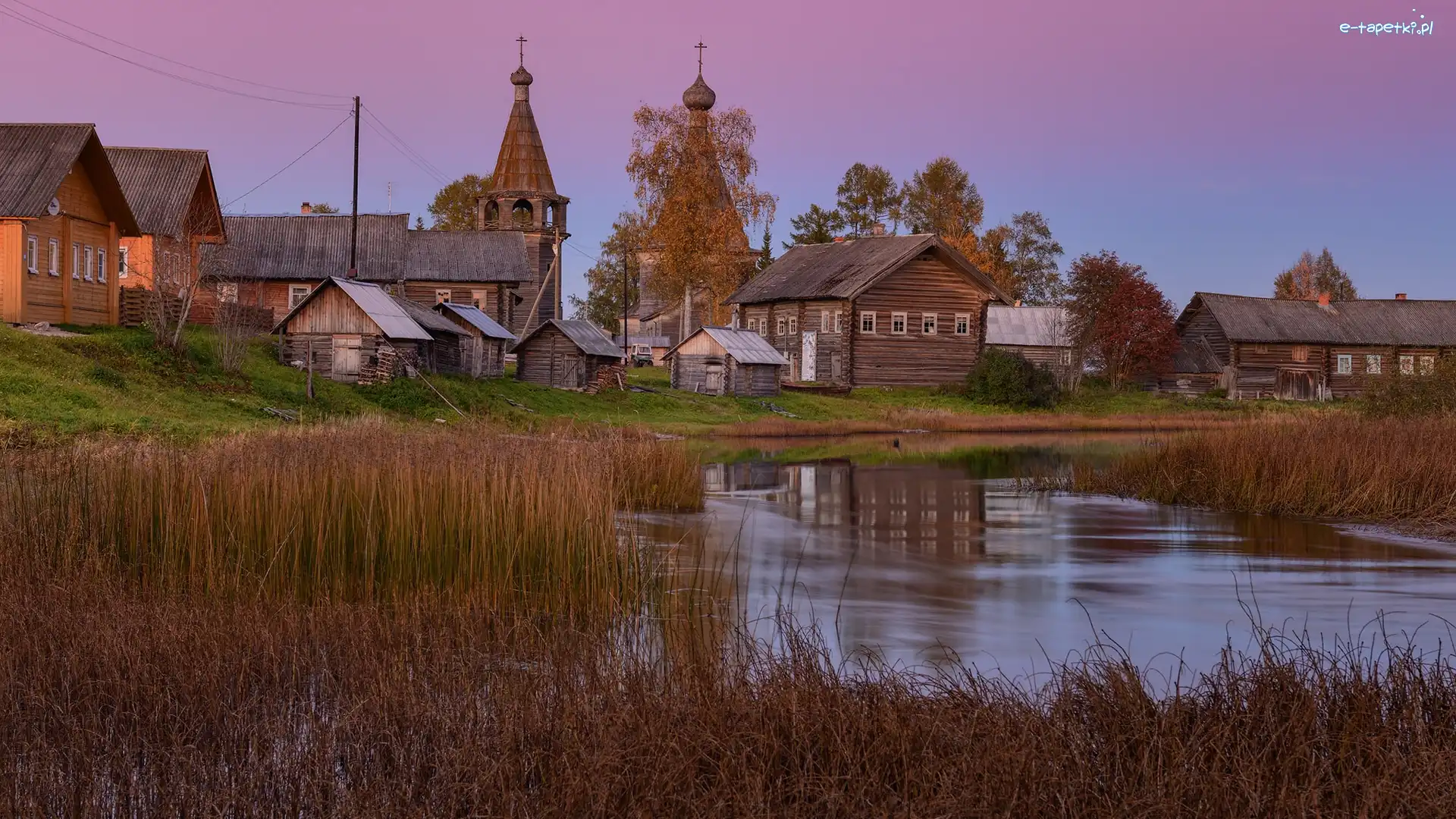 Szuwary, Domy, Staw, Jesień, Cerkiew, Wieś