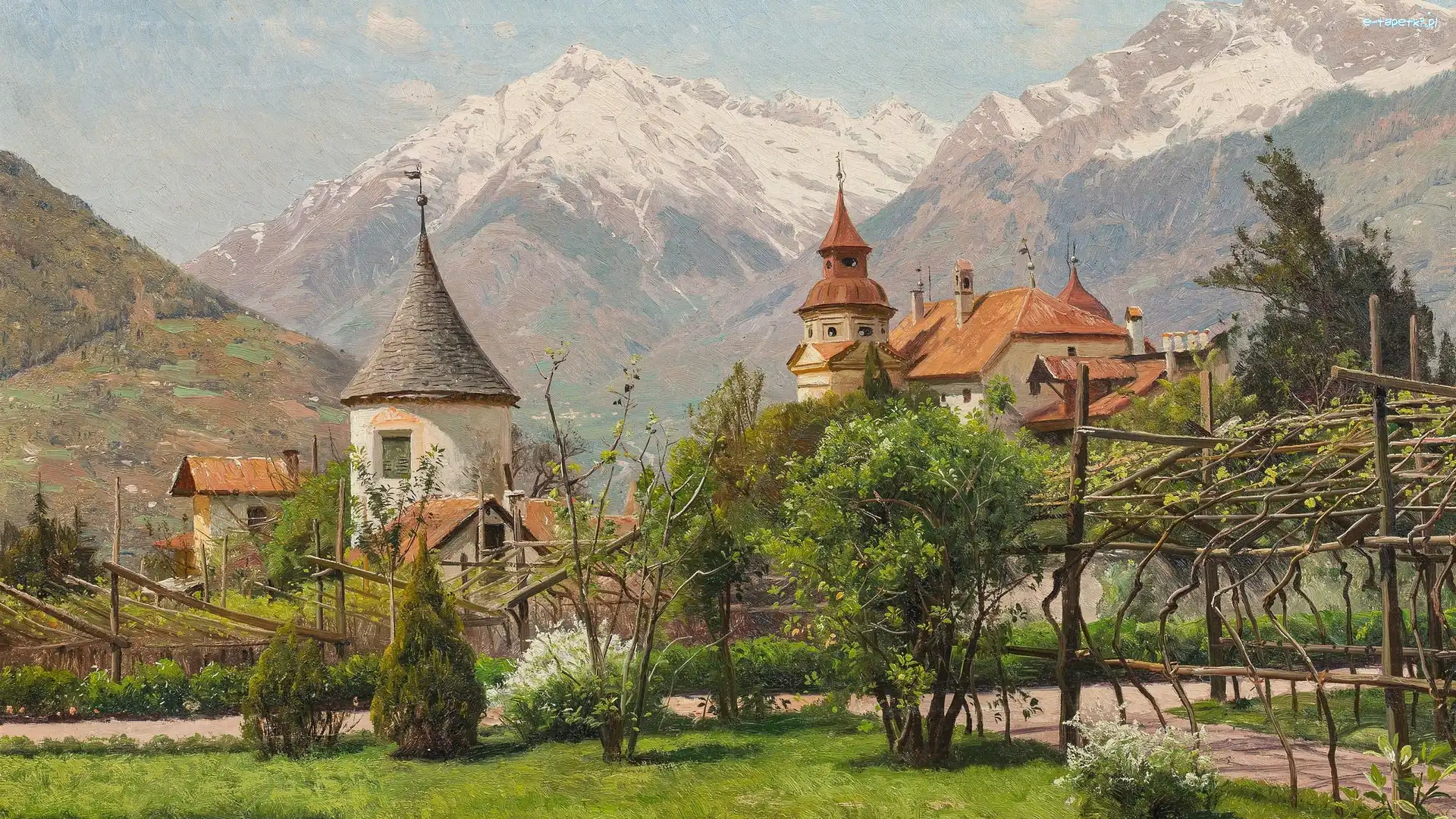 Drzewa, Domy, Peder Mork Monsted, Obraz, Malarstwo, Włochy, Południowy Tyrol, Zamek Winkel, Góry