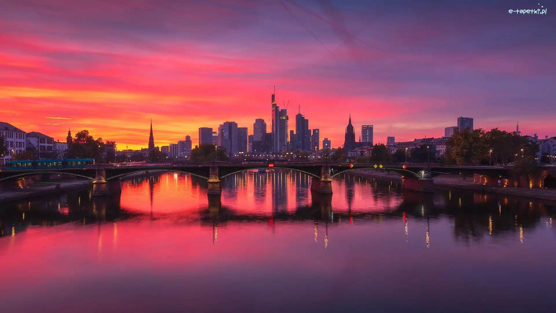 Frankfurt nad Menem, Rzeka Men, Wieczór, Niemcy, Most, Zachód słońca