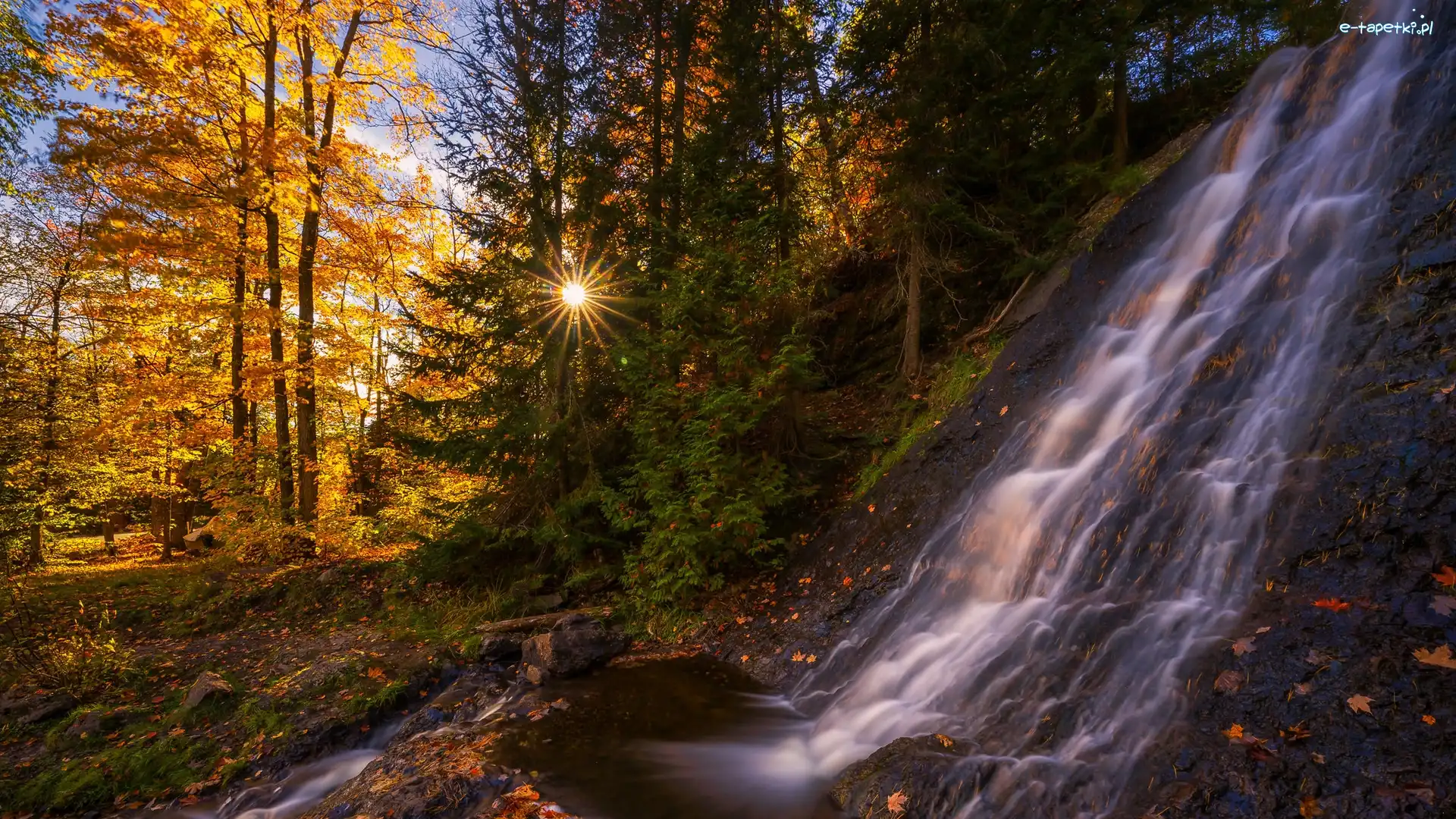 Stany Zjednoczone, Promienie słońca, Wodospad, Drzewa, Jesień, Michigan, Haven Falls