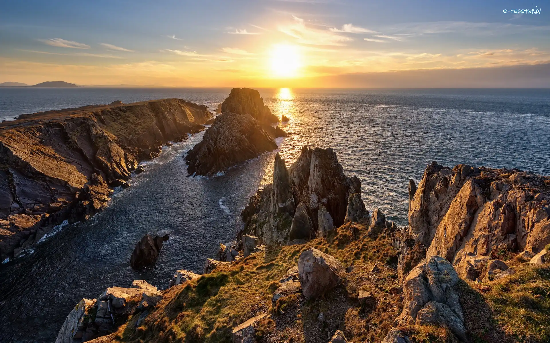 Zachód słońca, Morze, Skały, Przylądek Malin Head, Hrabstwo Donegal, Irlandia