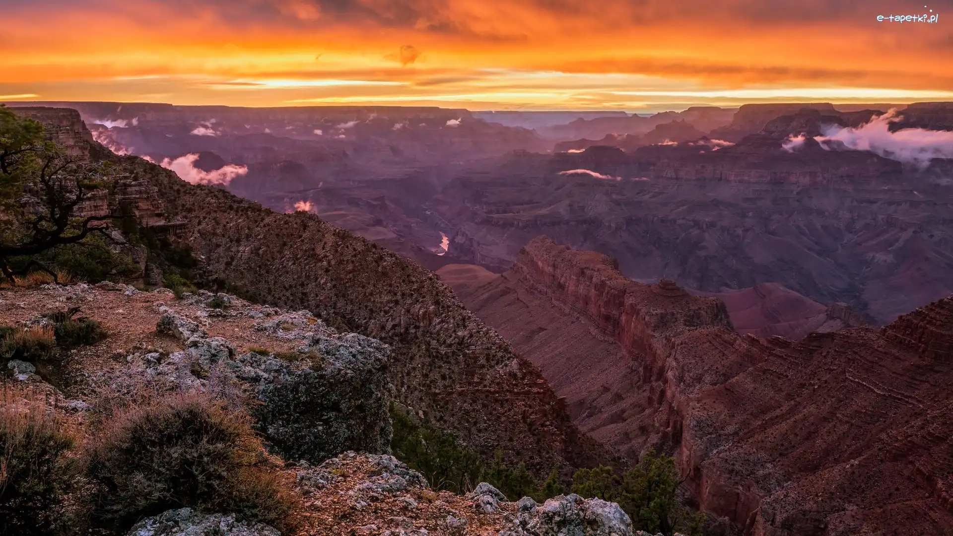 Zachód słońca, Park Narodowy Wielkiego Kanionu, Kaniony, Stany Zjednoczone, Arizona