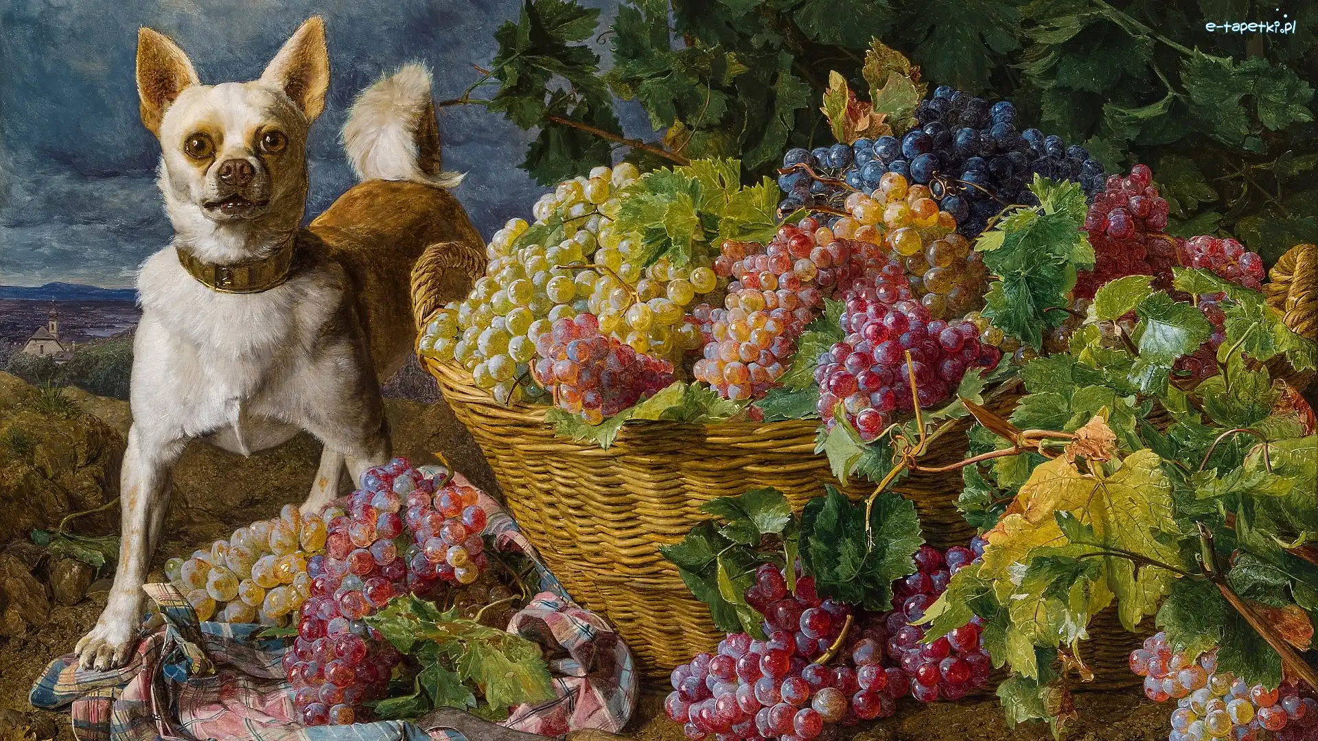 Kosz, Ferdinand Georg Waldmuller, Pies, Winogrona, Obraz, Malarstwo