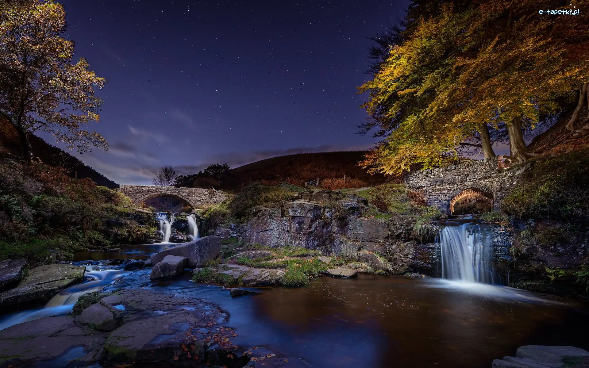 Noc Drzewa, Derbyshire, Mosty, Skały, Peak District, Rzeka, Kaskada, Anglia