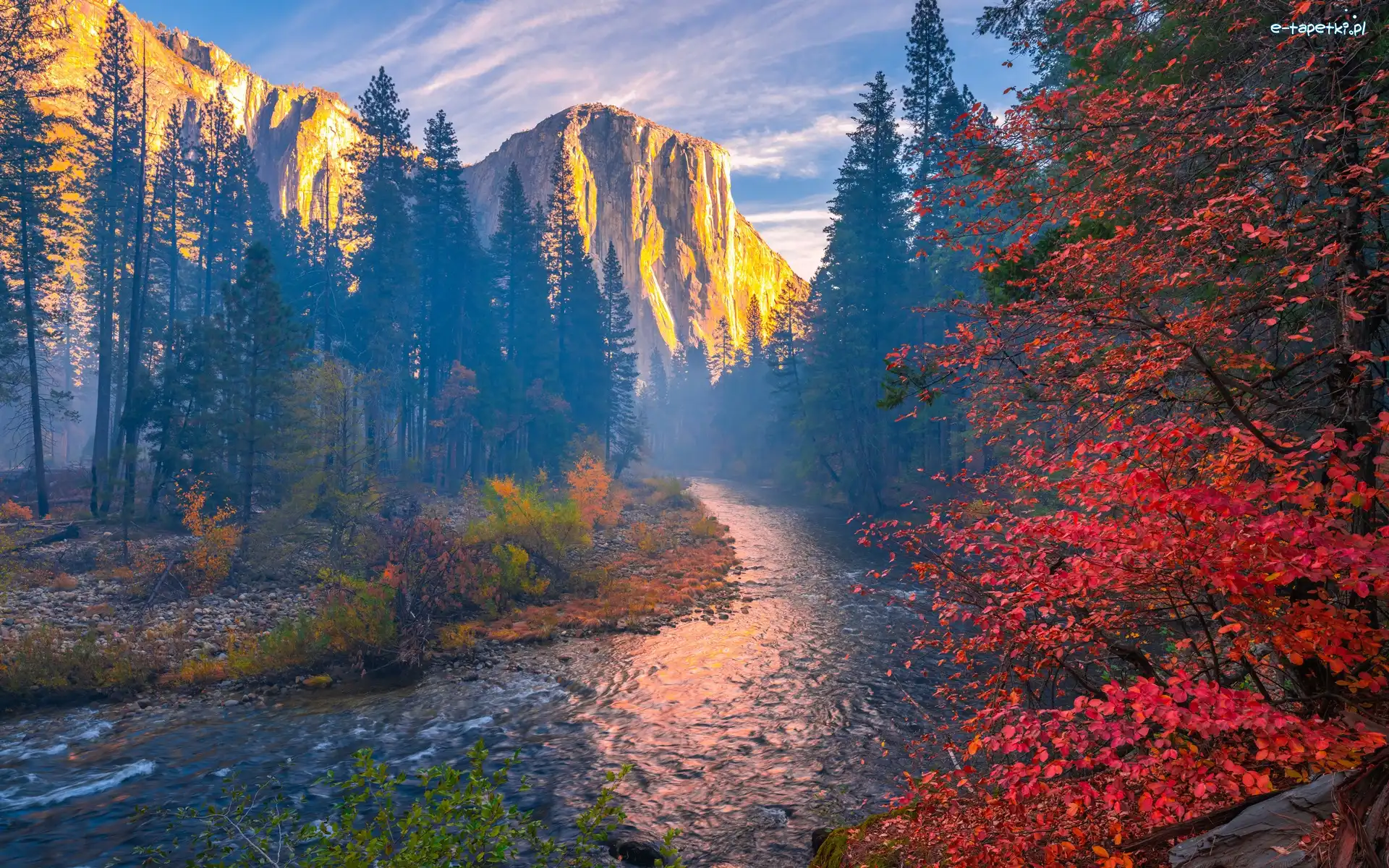 Jesień, Kalifornia, Góry, Drzewa, Park Narodowy Yosemite, Rzeka Merced, Mgła, Stany Zjednoczone