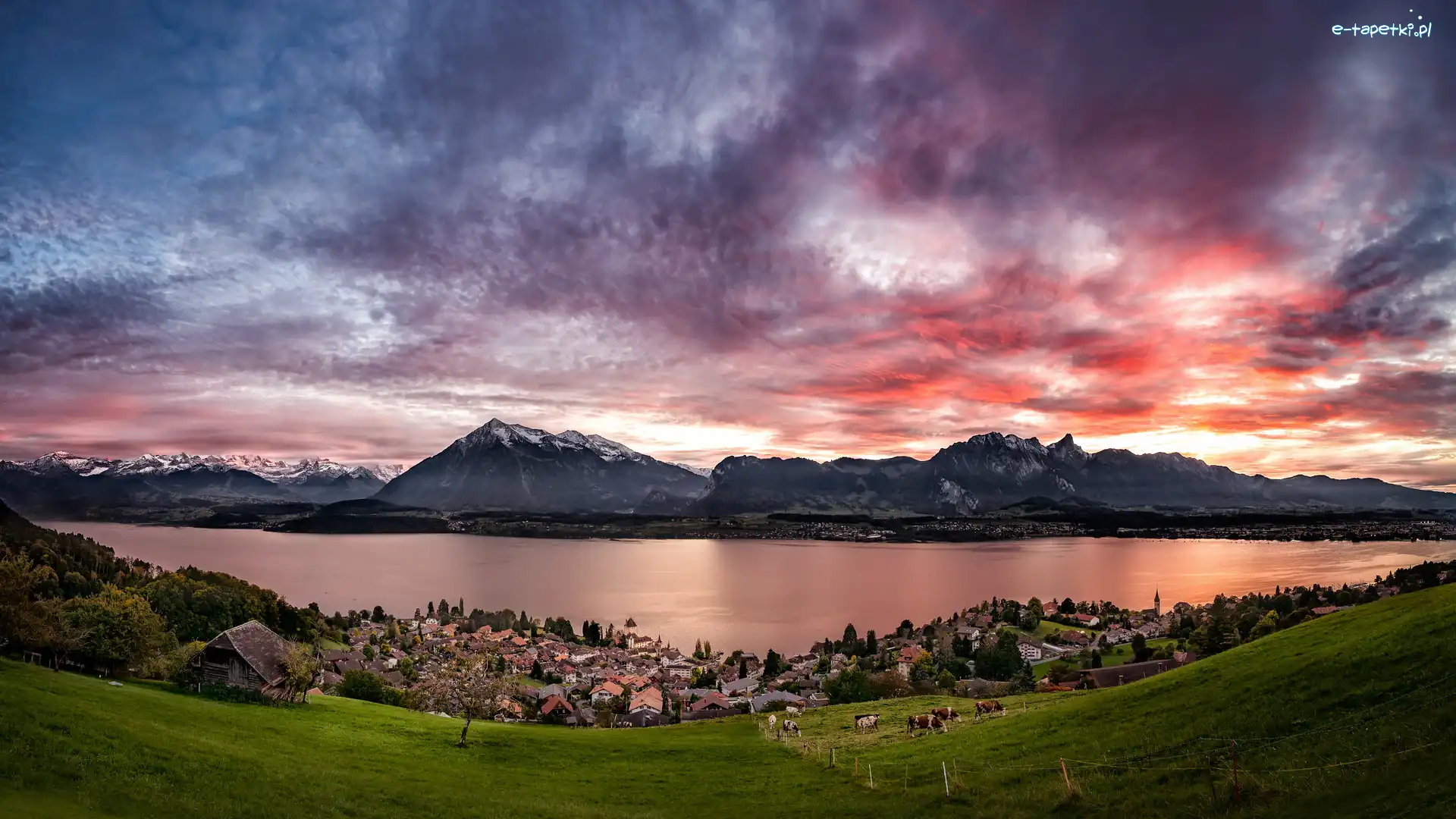 Szwajcaria, Alpy Berneńskie, Zachód słońca, Góry, Jezioro Thunersee, Chmury, Niebo