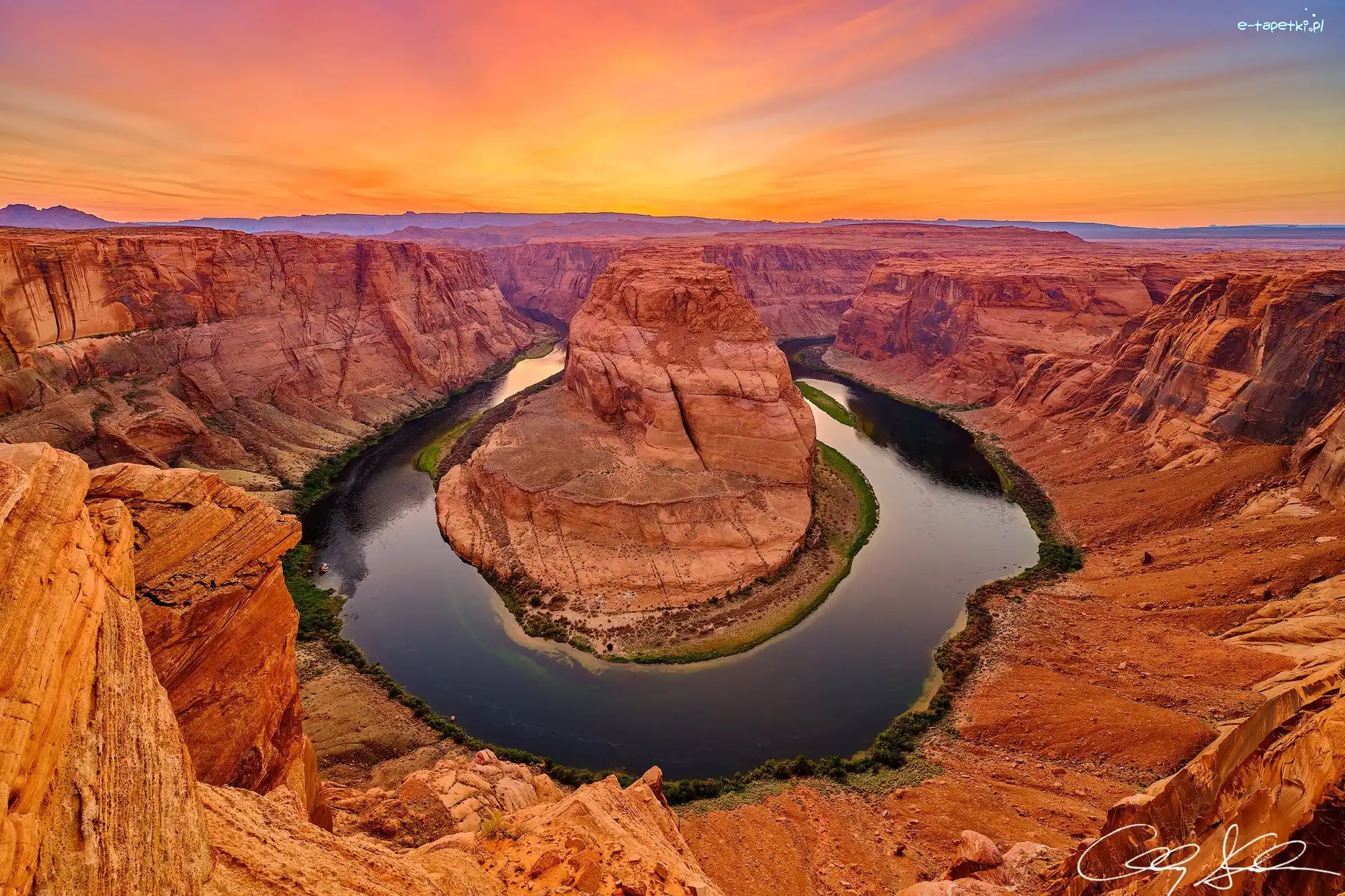 Zachód słońca, Skały, Stany Zjednoczone, Horseshoe Bend, Rzeka, Kolorado River, Zakole, Park Narodowy Glen Canyon, Kanion, Arizona