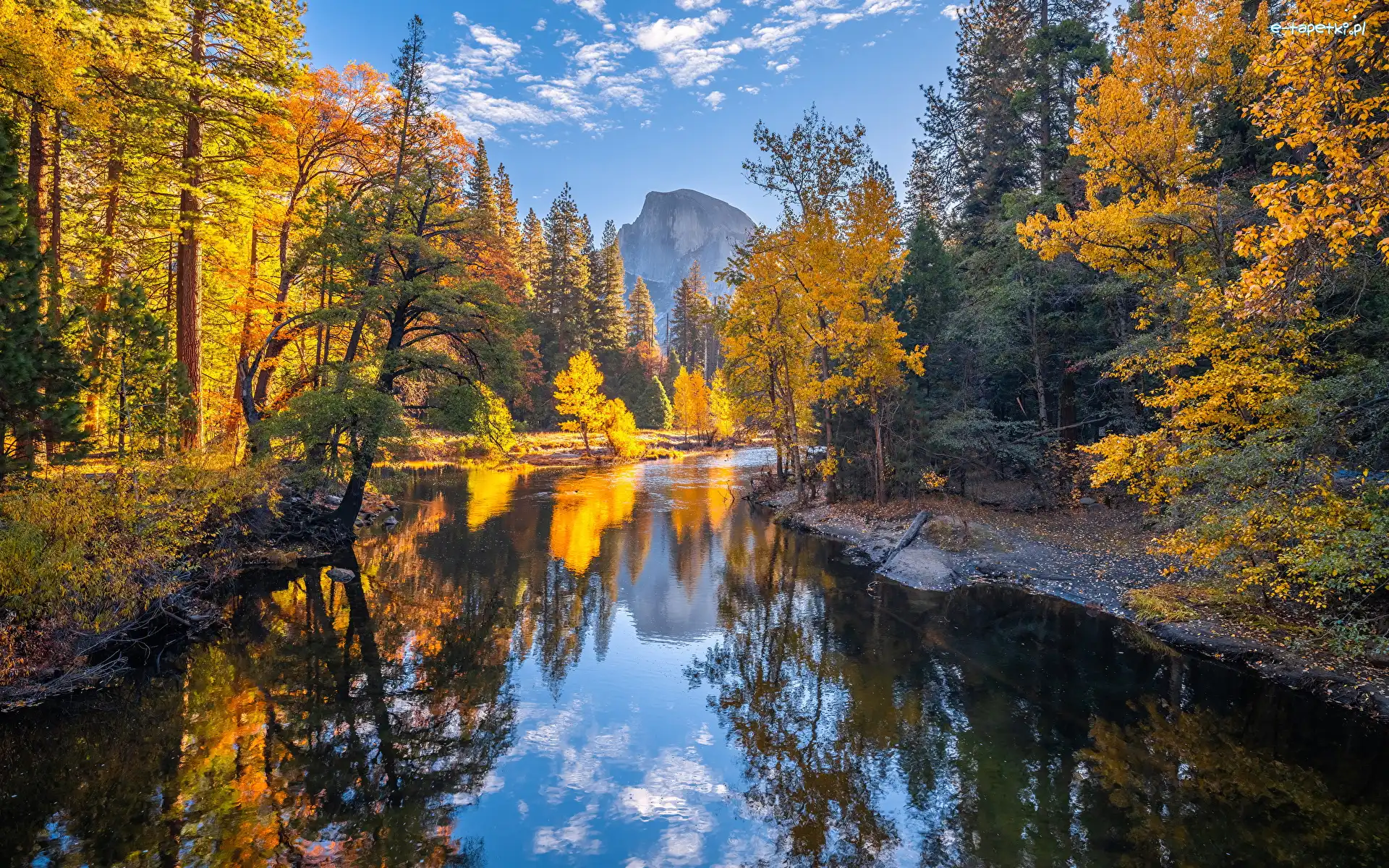 Jesień, Kalifornia, Liście, Drzewa, Park Narodowy Yosemite, Góry, Rzeka Merced, Stany Zjednoczone