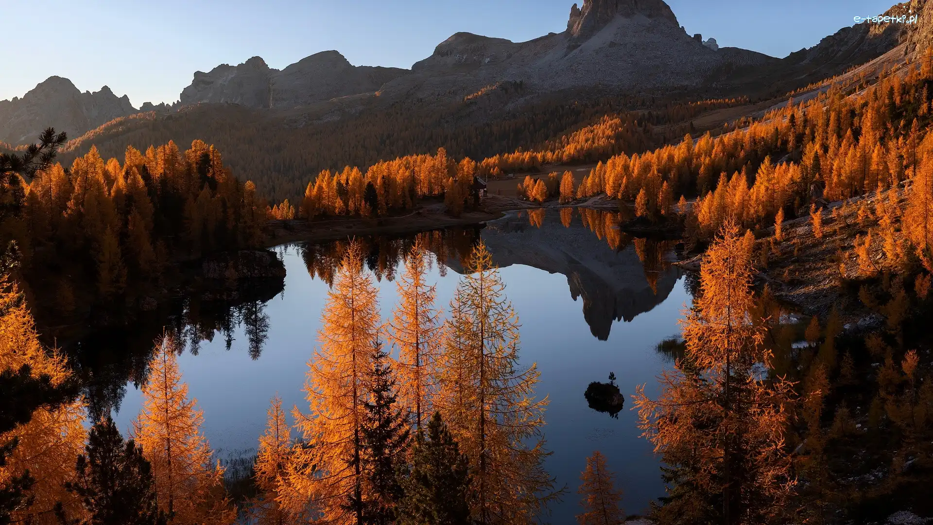 Jesień, Federa Lake, Włochy, Modrzewie, Dolomity, Pożółkłe, Drzewa, Jezioro, Góry, Prowinca Belluno