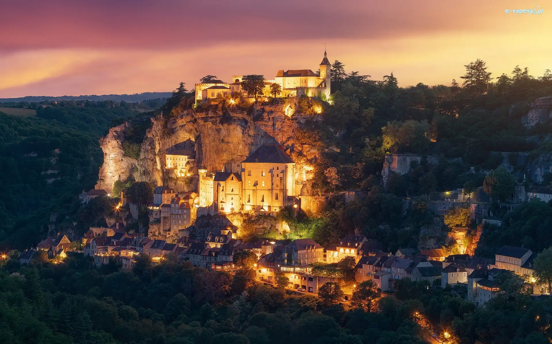 Światła, Skała, Domy, Drzewa, Rocamadour, Francja