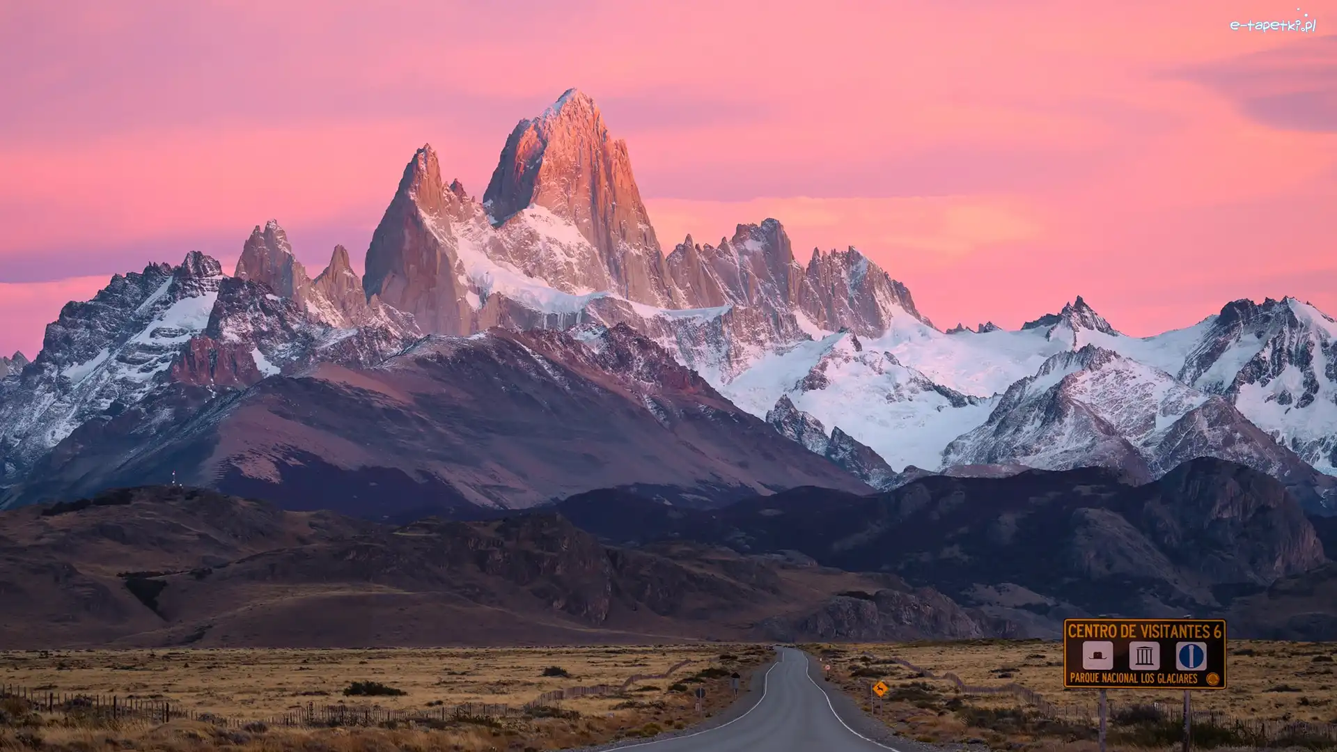 Droga, Góry, Szczyt Fitz Roy, Wschód słońca, Patagonia, Argentyna
