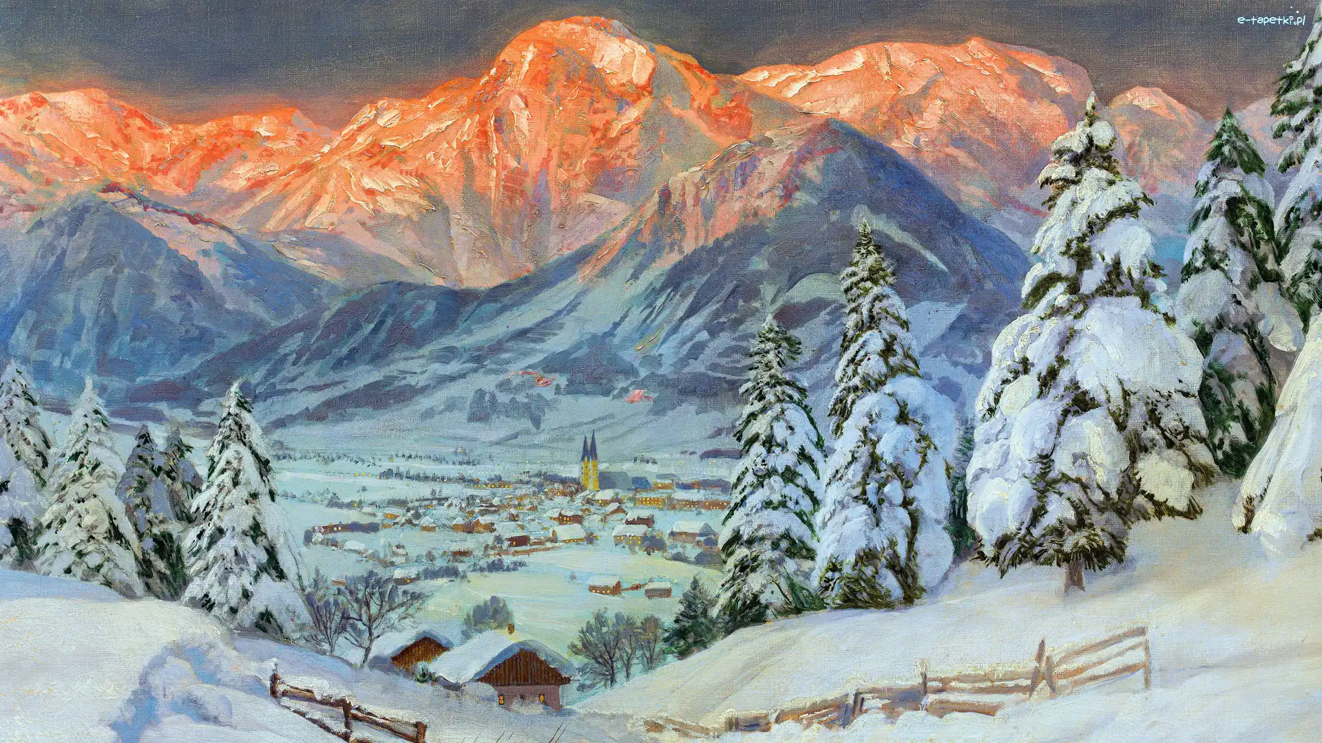 Drzewa, Góry Alpy, Alois Arnegger, Obraz, Malarstwo, Austria, Gmina Admont, Zima, Domy