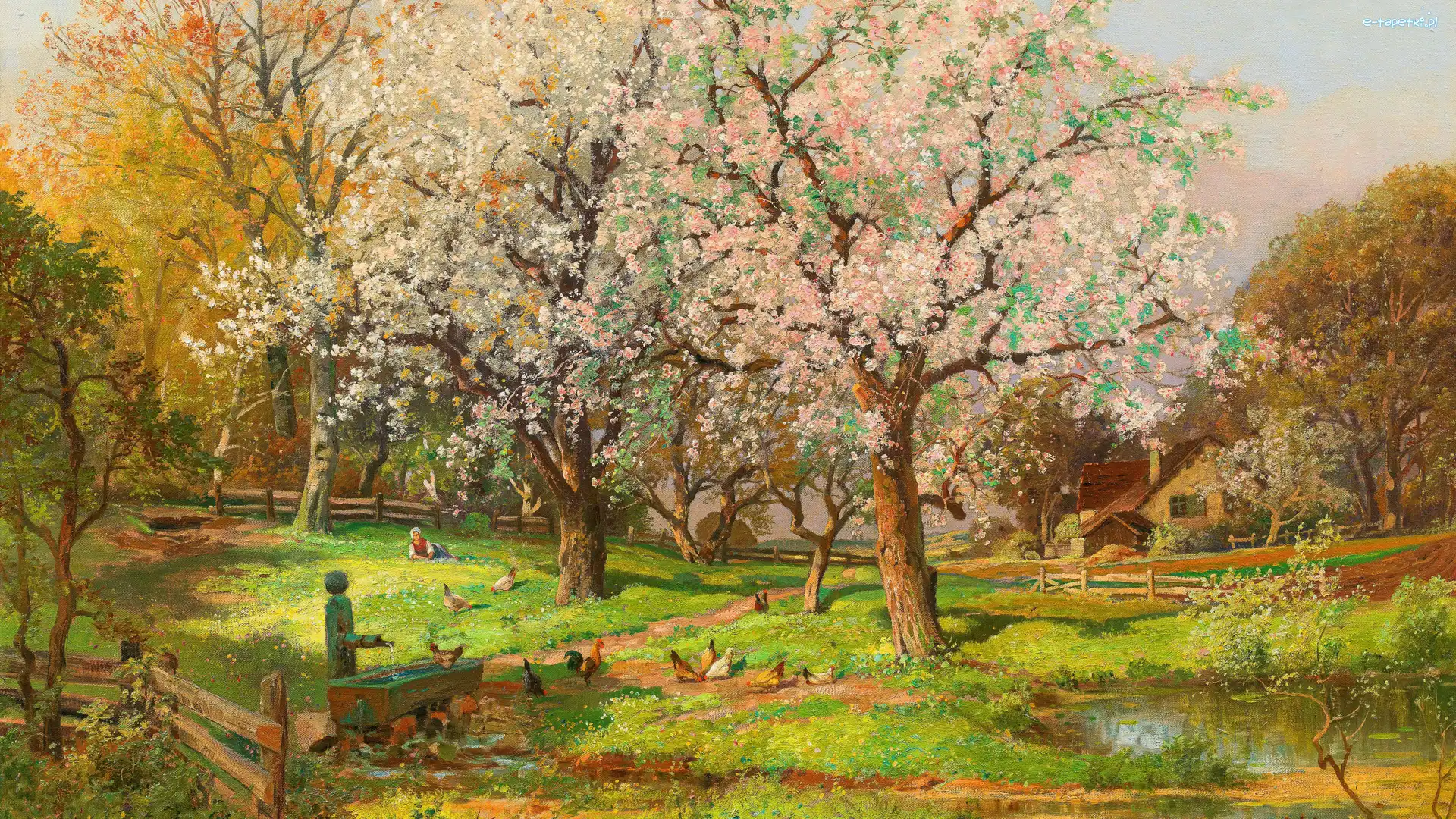 Kwiaty, Sad, Alois Arnegger, Obraz, Malarstwo, Kury, Dom, Wiosna, Drzewa