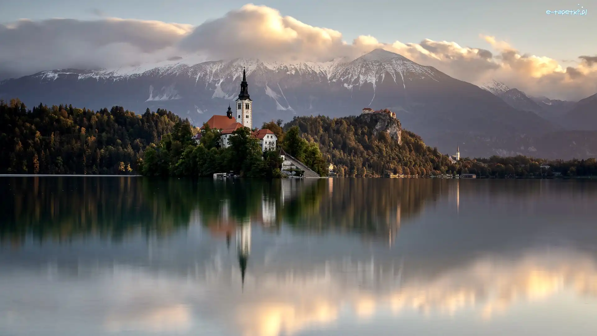 Kościół, Jezioro Bled, Odbicie, Chmury, Góry, Wyspa, Blejski Otok, Słowenia